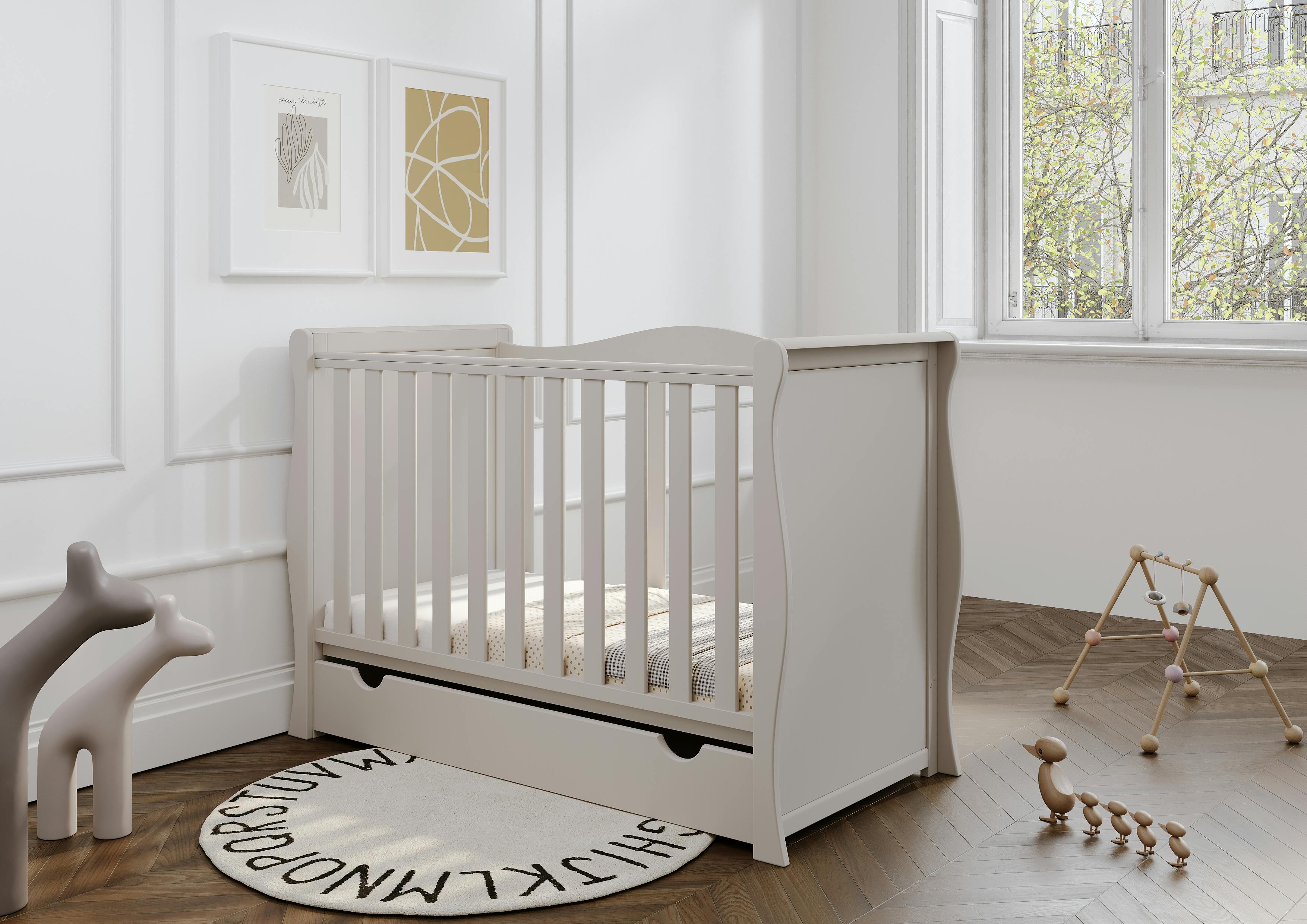 Viculii Willow Sleigh Mini Cot Bed Cashmere With Drawer And Mattress - Cashmere