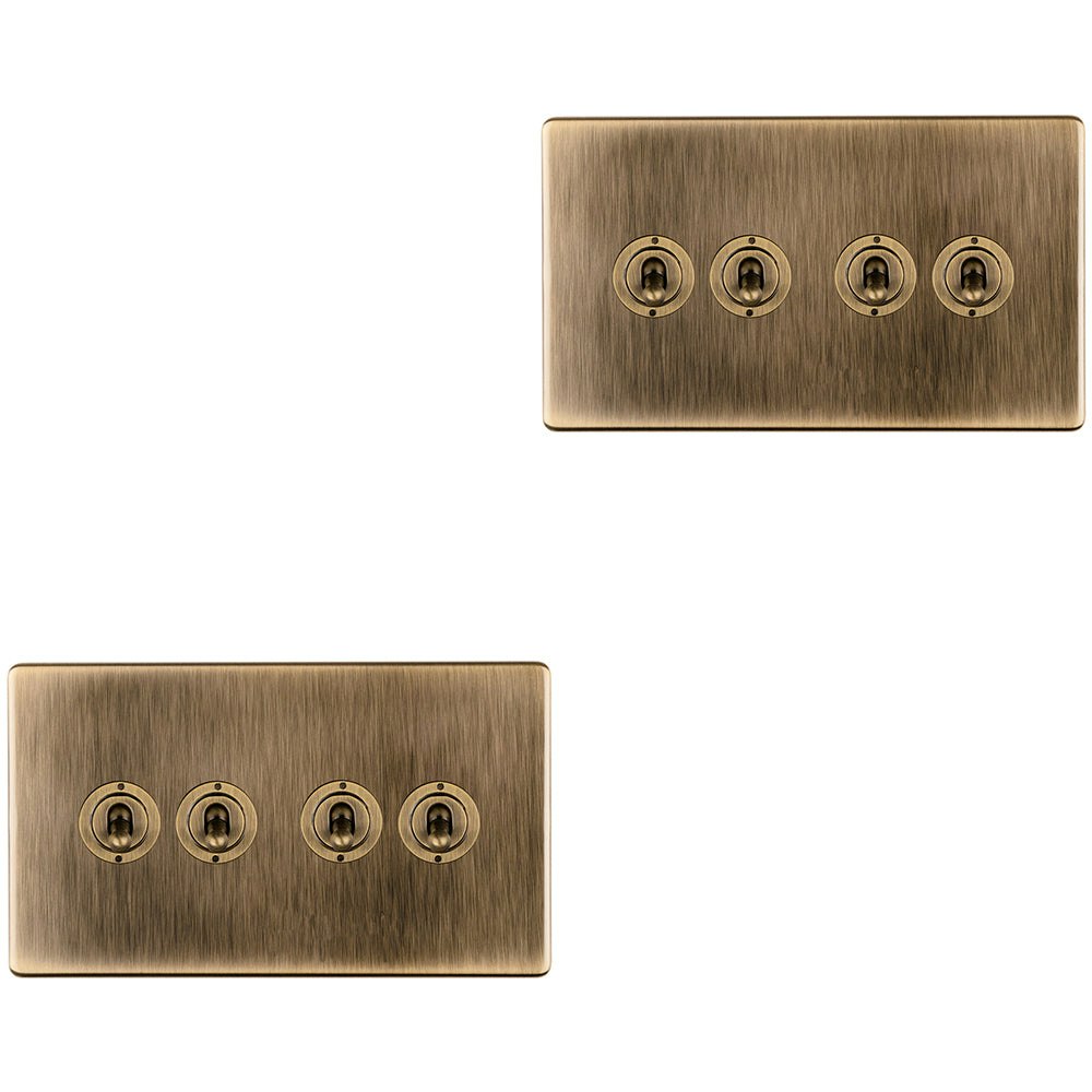 Loops 2 PACK 4 Gang Quad Retro Toggle Light Switch SCREWLESS ANTIQUE BRASS 10A 2 Way