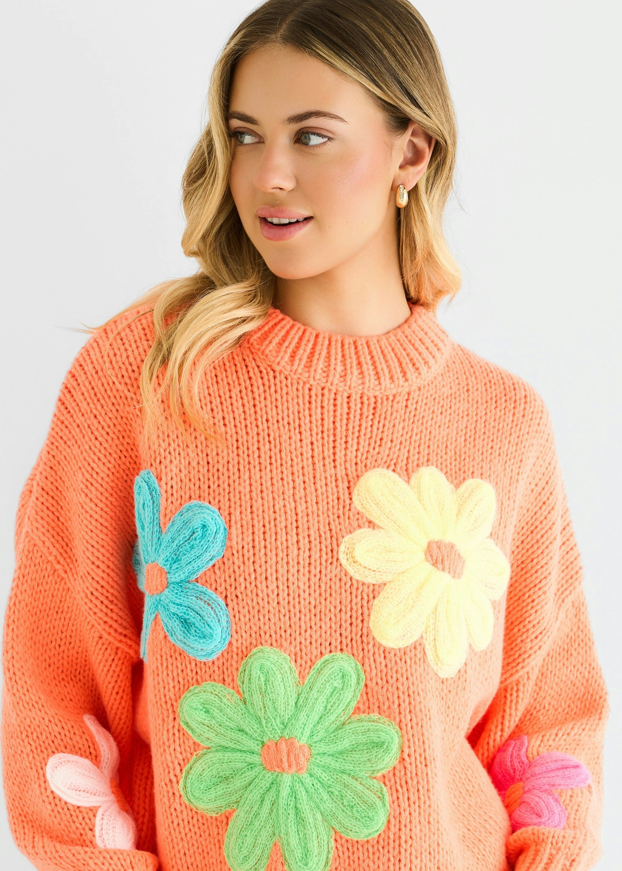 Gini London Women's Orange Floral Crochet Chunky Knit Oversized Jumper Large - Image 3