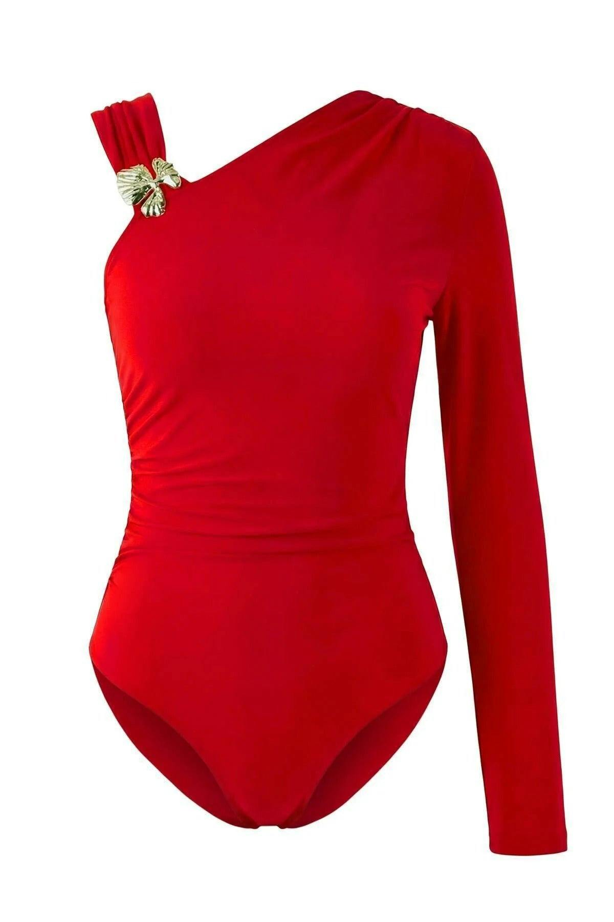 Wovcor Red Asymmetrical Neckline Knit Party Bodysuit With Accessory Details - 14