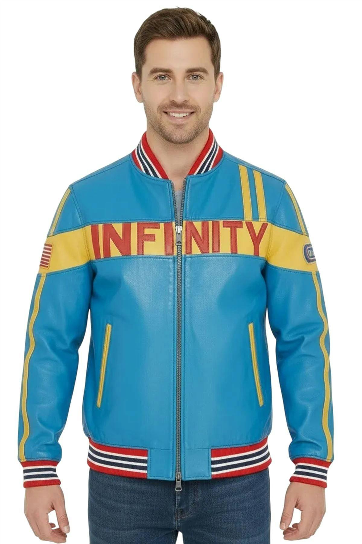 Infinity Leather Men's Blue Leather Track Racing Bomber Biker Jacket - Player - Uk 4XL | Eu 58 | Us 48