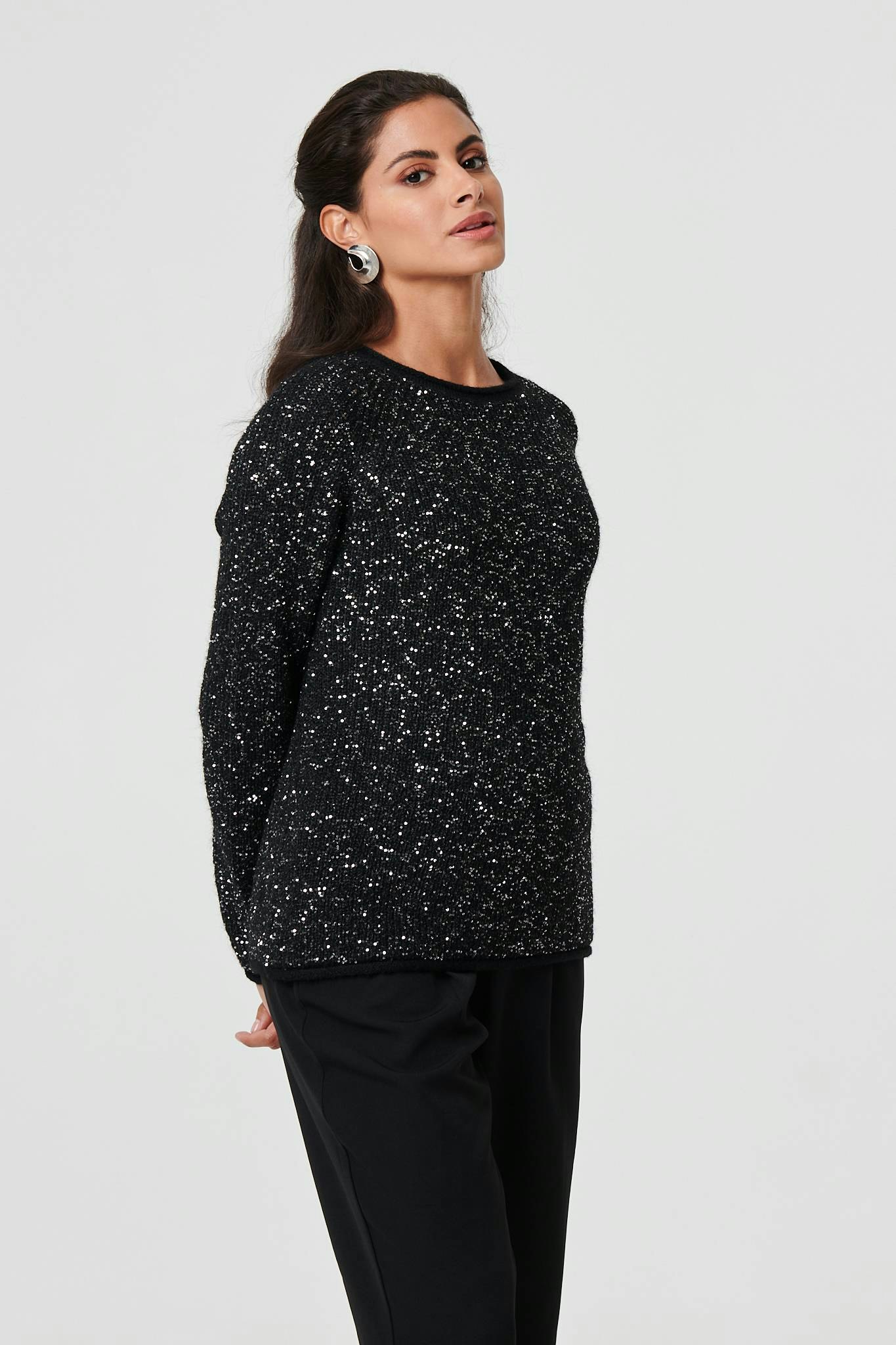 Izabel London Black Sparkly Embellished Slim Jumper - S