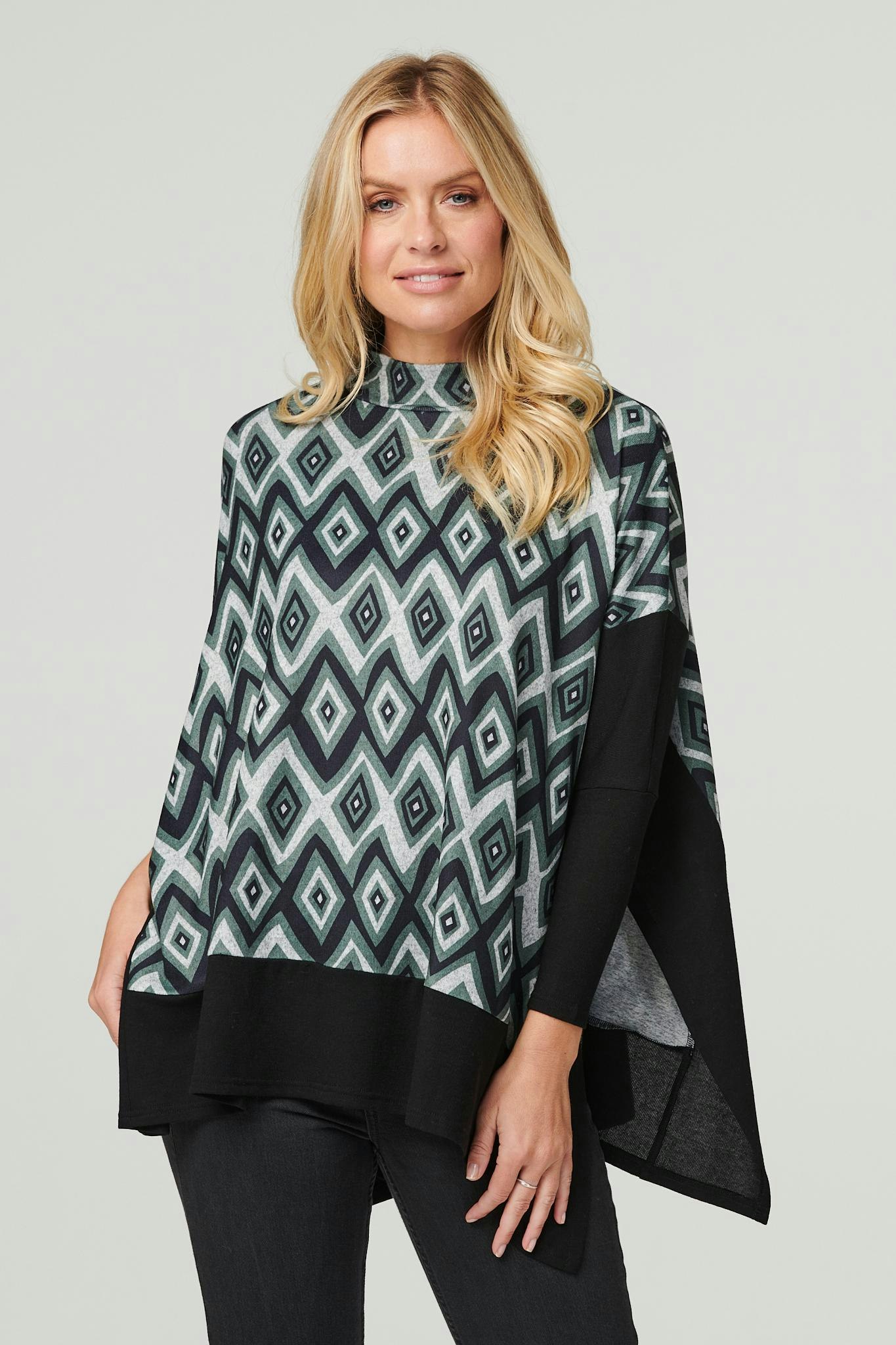 Izabel London Green Ikat Print High Neck Oversized Top - 8