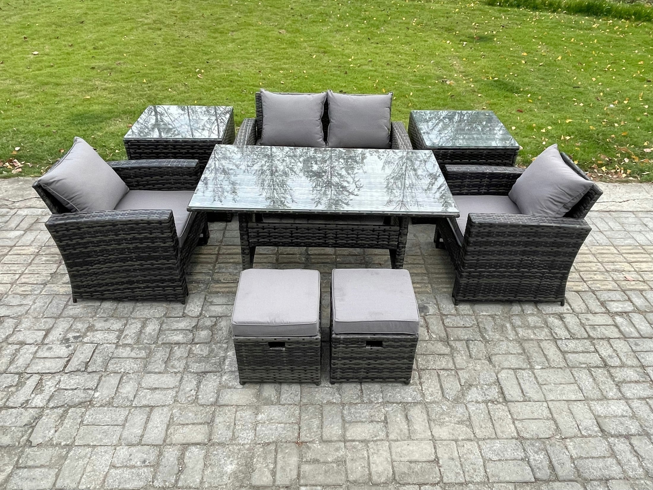 Rackhams Dark/Grey 6-Seater Rattan Outdoor Dining Set | Rectangular Table, Lounge Sofa, 2 Footstools, 2 Side Tables |