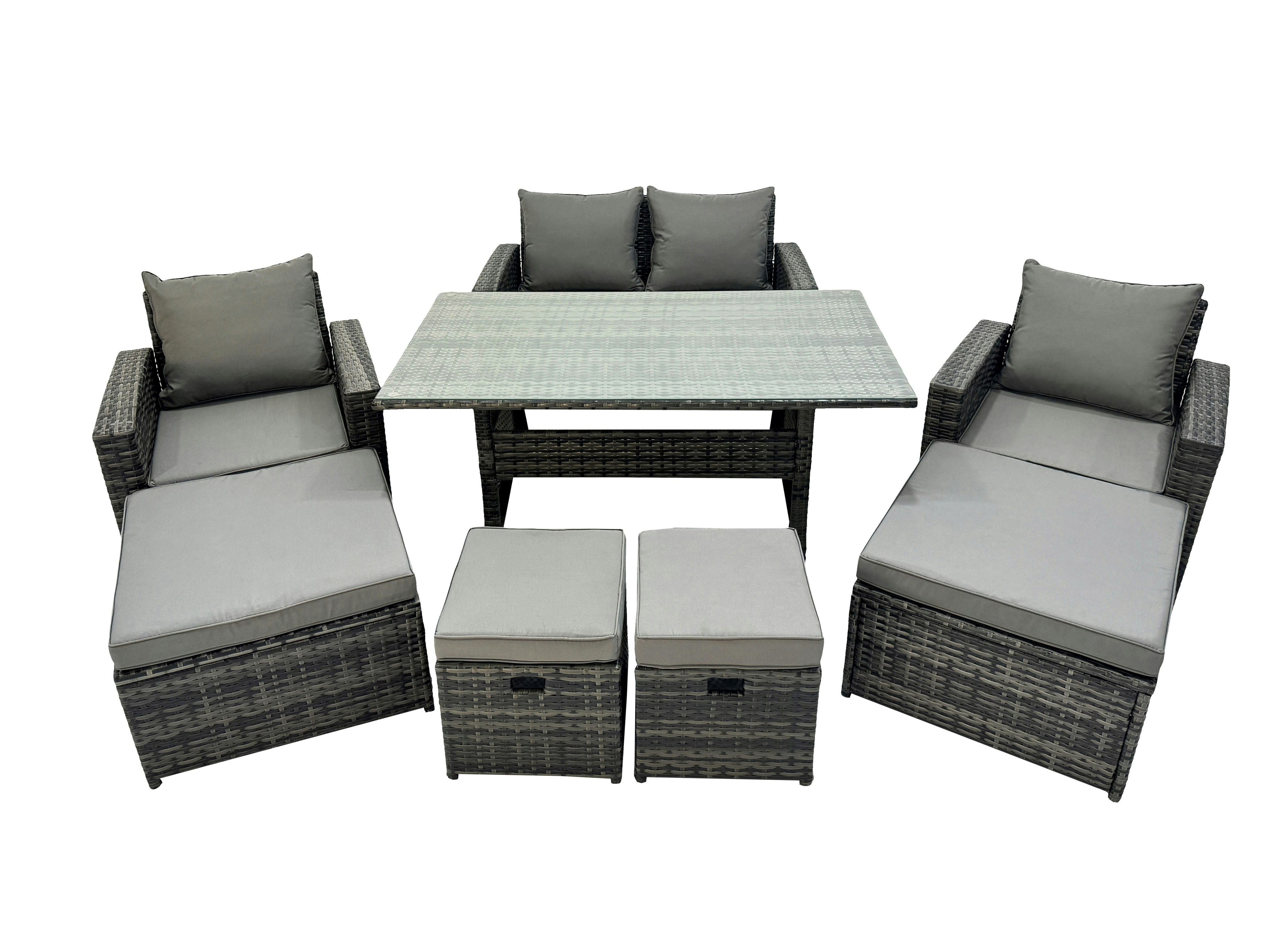 Fimous Dark/Grey 8 Seater Rattan Furniture Set With Dining Table, Sofa, 2 Chairs & 4 Stools