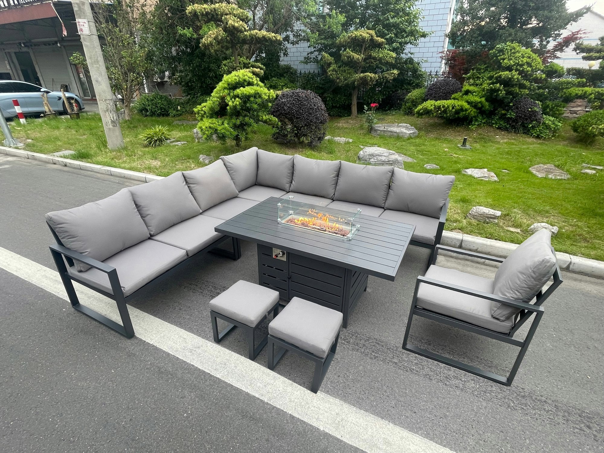 Rackhams Dark/Grey Aluminium Outdoor Garden Furniture Corner Sofa Chair Gas Fire Pit Dining Table Sets 2 Stools Gas Heater Burner 10 Seater