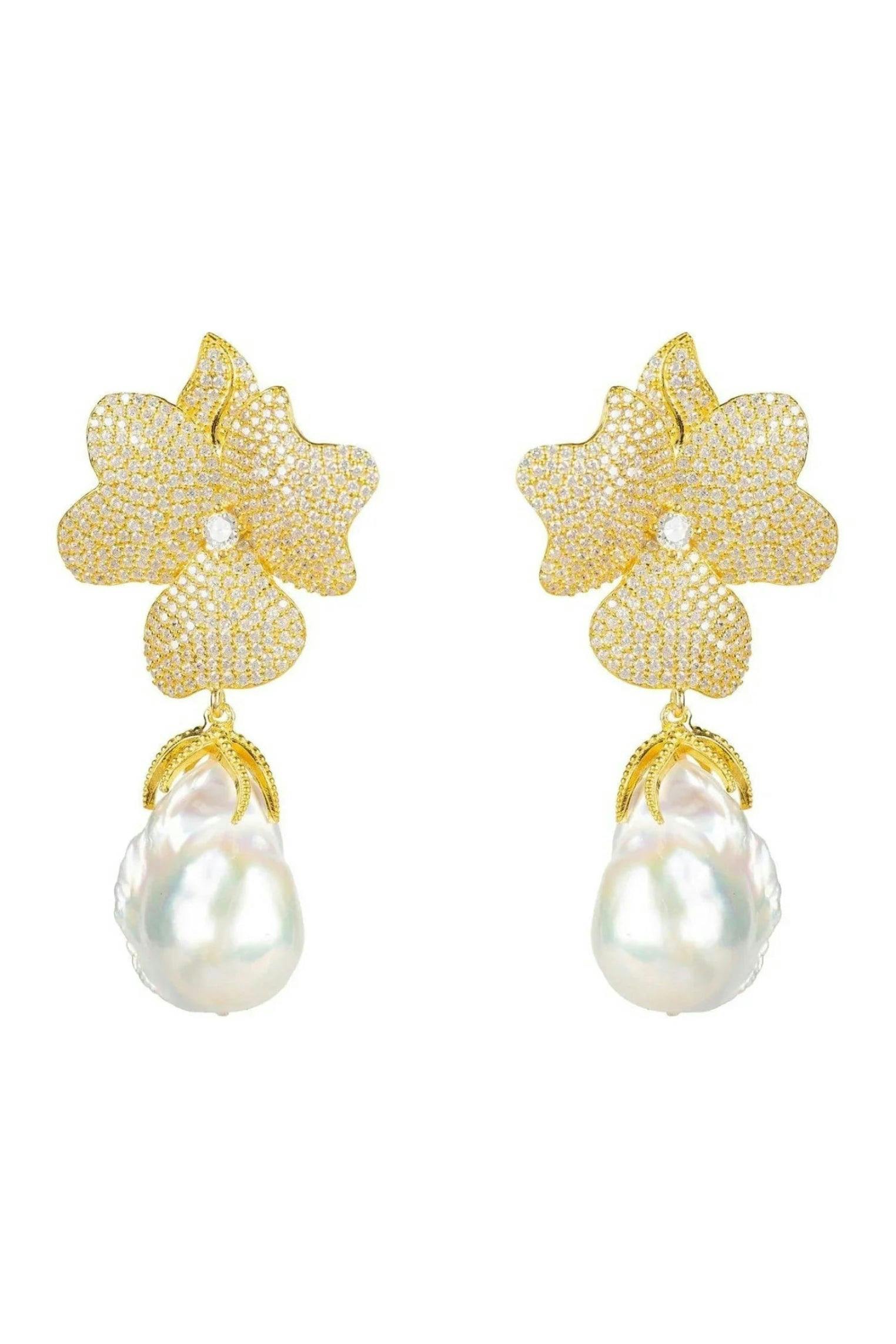 Latelita White/Yellow/Gold Baroque Pearl Flower Earrings