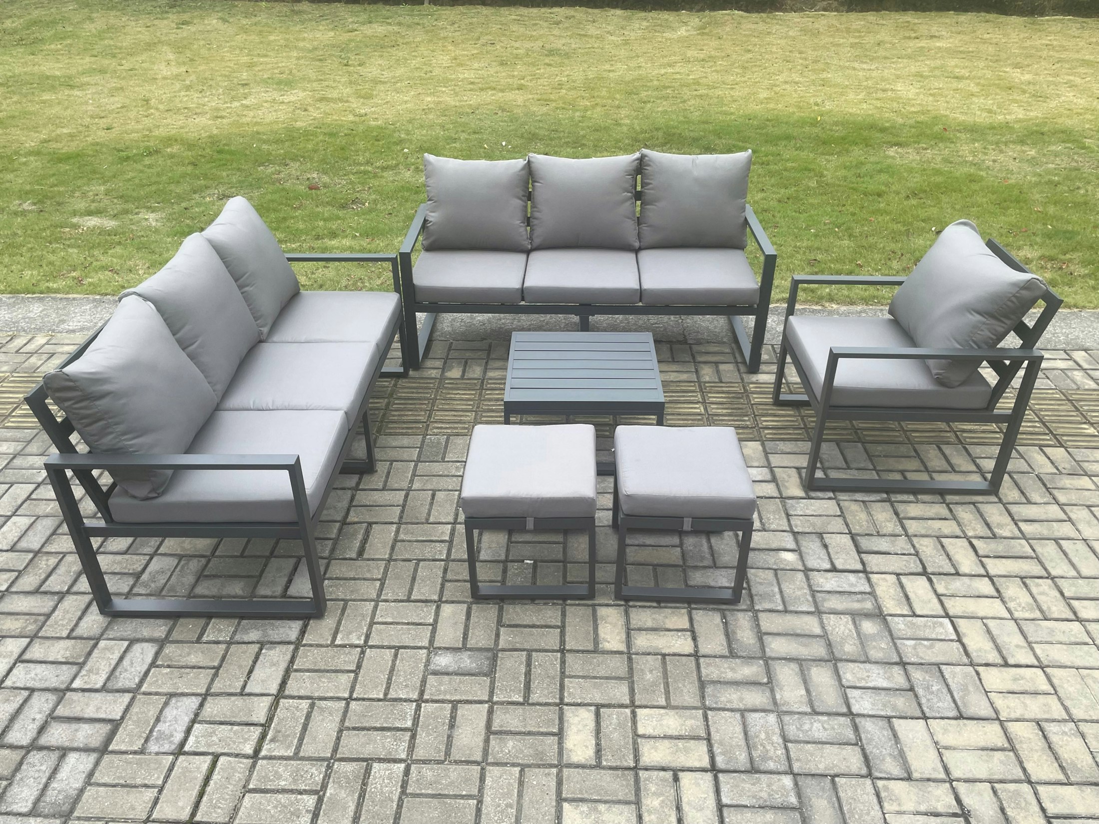 Fimous Dark/Grey Aluminium 9 Seater Outdoor Garden Furniture Lounge Sofa Set With Square Coffee Table Chair 2 Small Footstools