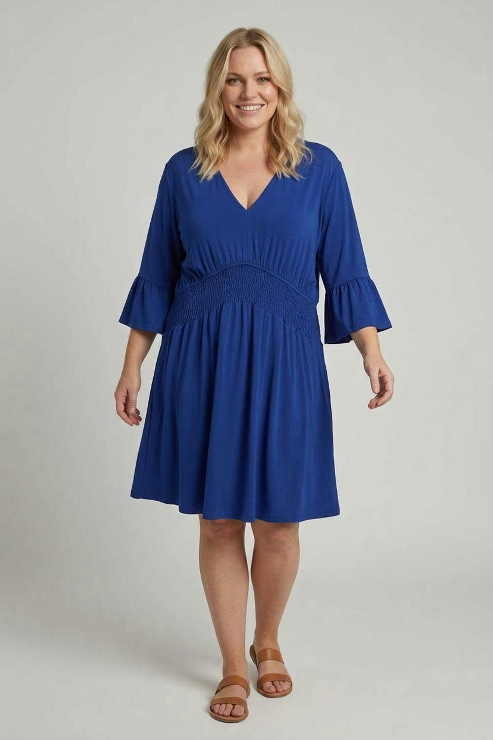 Izabel London Blue Curve Shirred 3/4 Sleeve Midi Dress - 24