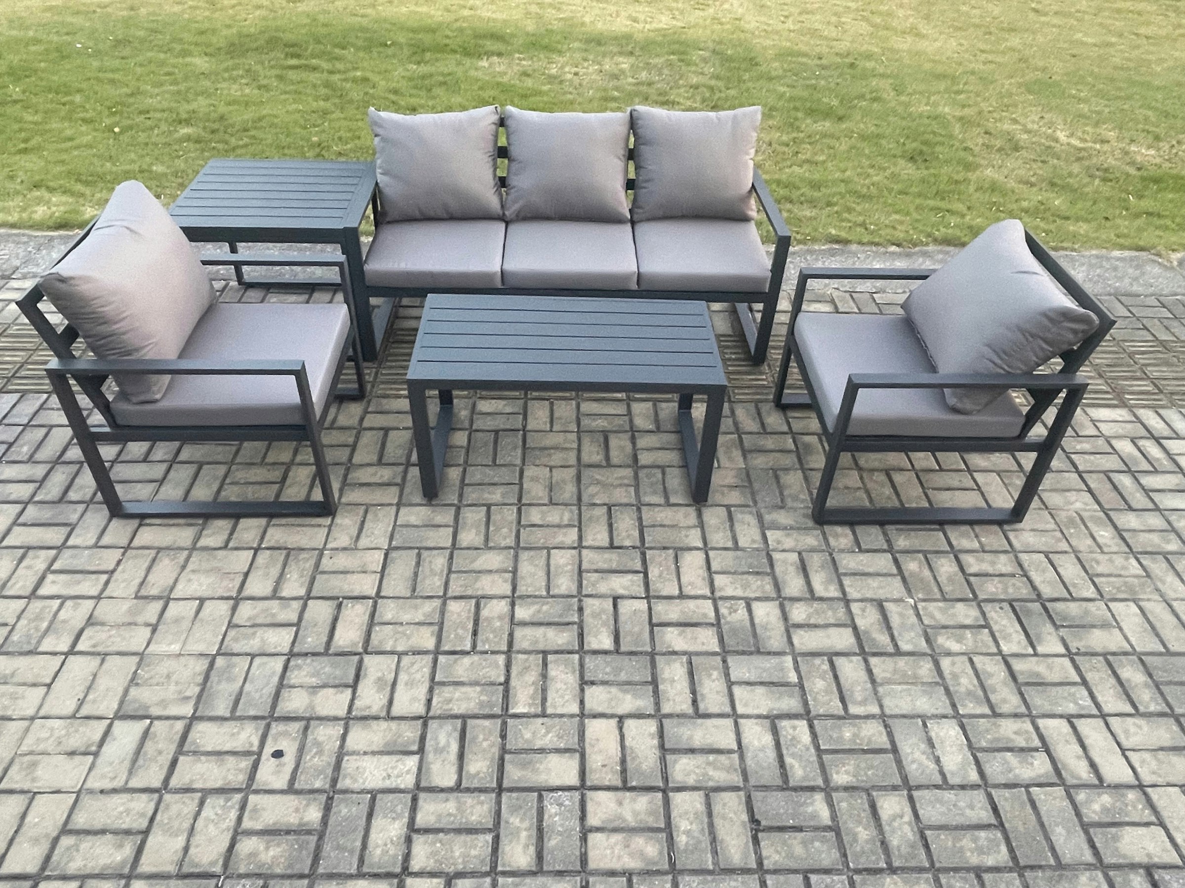 Fimous Dark/Grey Aluminium Outdoor Garden Furniture Set Patio Lounge Sofa With Oblong Coffee Table 2 Armchairs Side Table