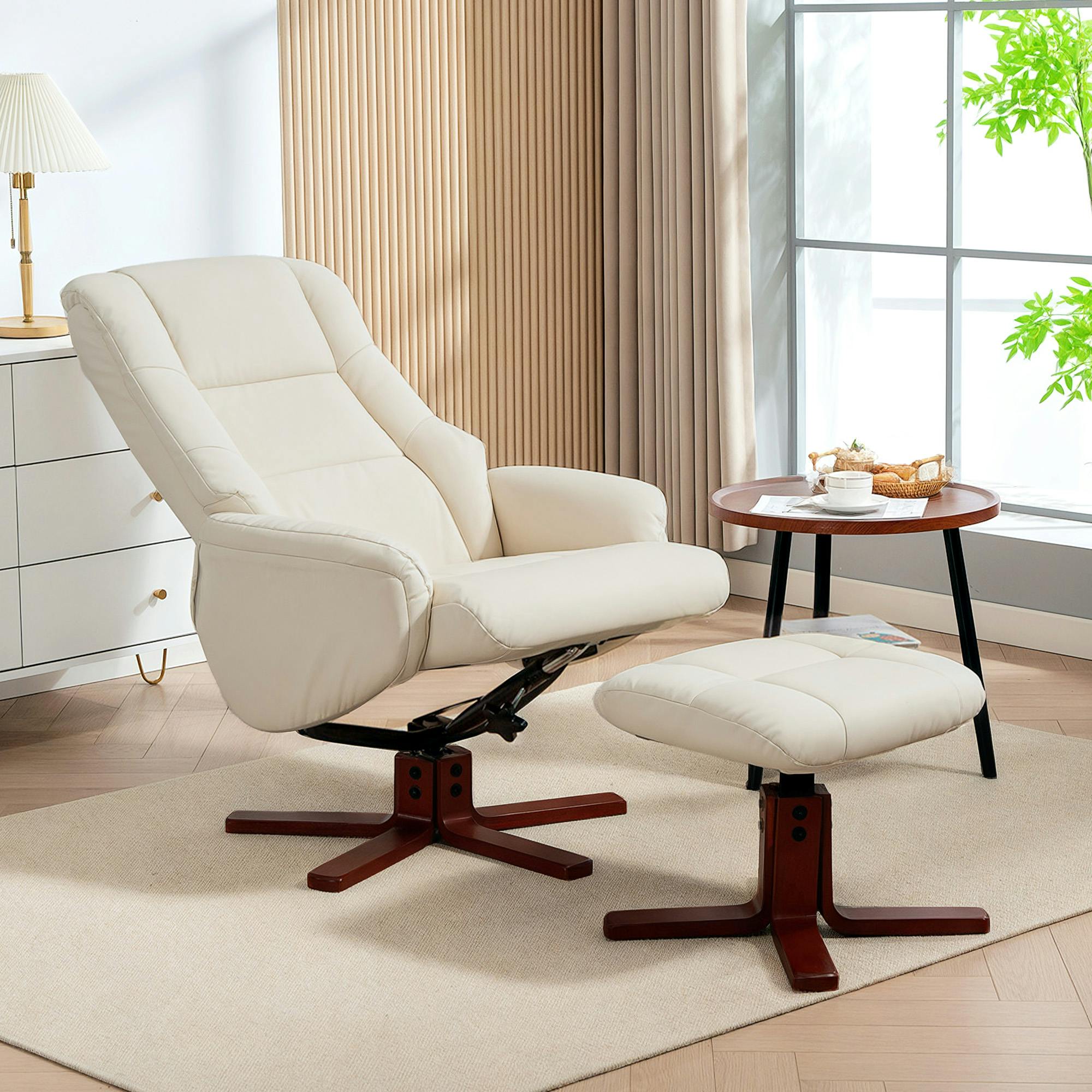 Homcom Cream Recliner Armchair With Wood Base, Upholstered Reclining Chair, - Contemporary - 2 - Pu Leather, Wood, Sponge