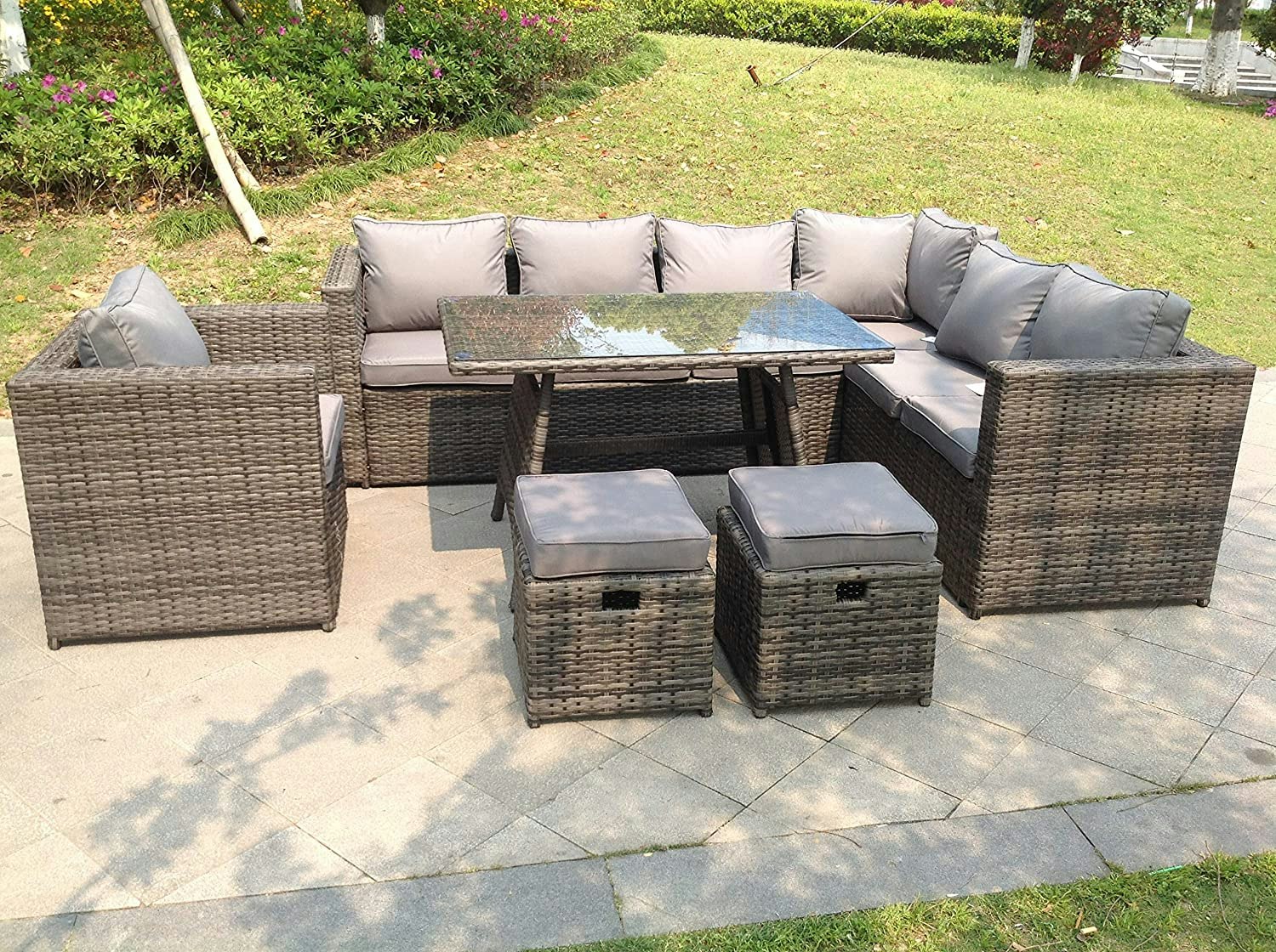 Rackhams Grey 9 Seater Rattan Corner Sofa Set Dining Table Armchair Foot Rest Garden Furniture Outdoor