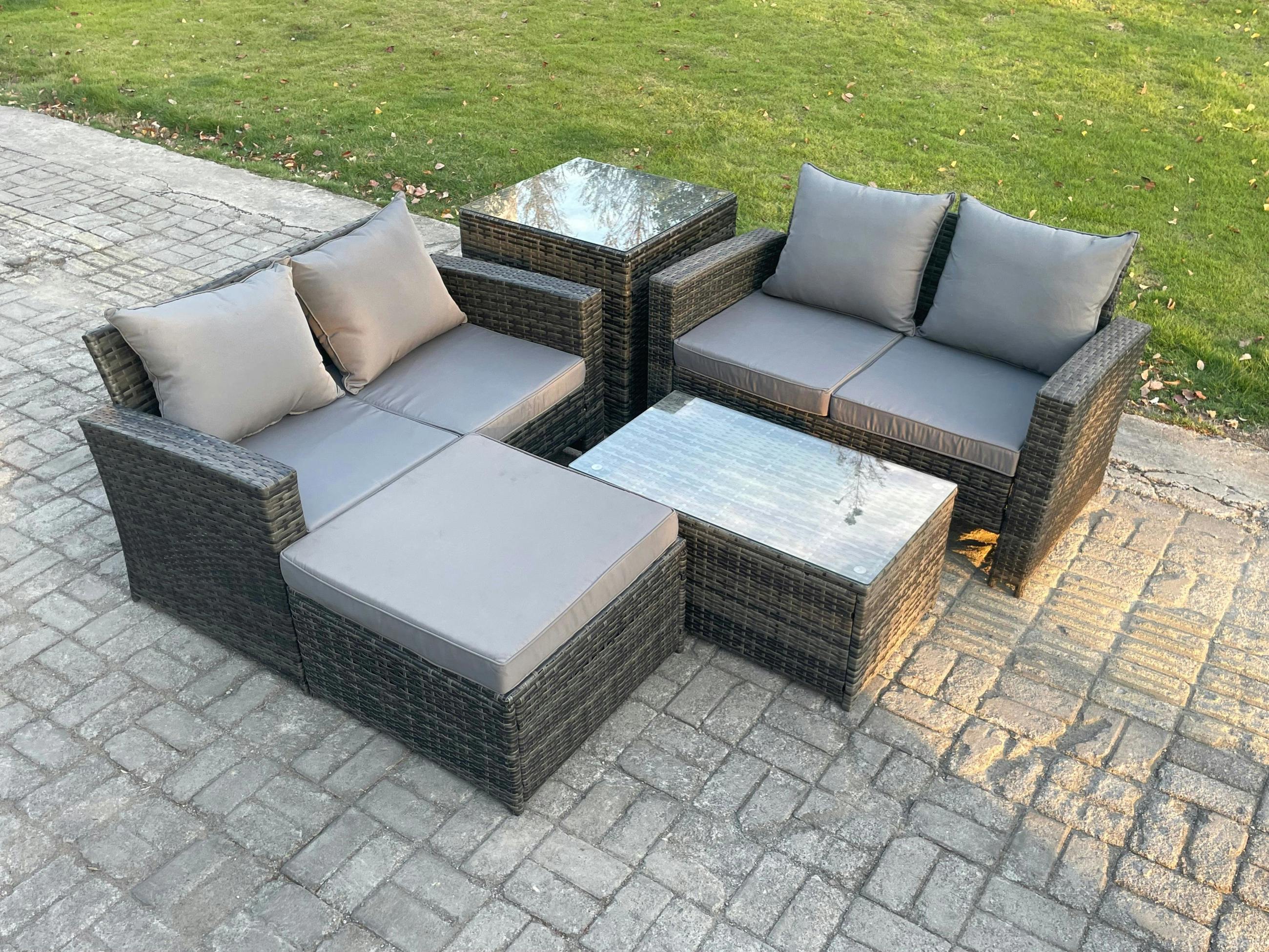 Rackhams Dark/Grey 5 Seater Wicker Rattan Garden Sofa Set, Coffee Table, Double Seat Sofa, Big Footstool And Side Table, Outdoor Rattan Set, Mixed