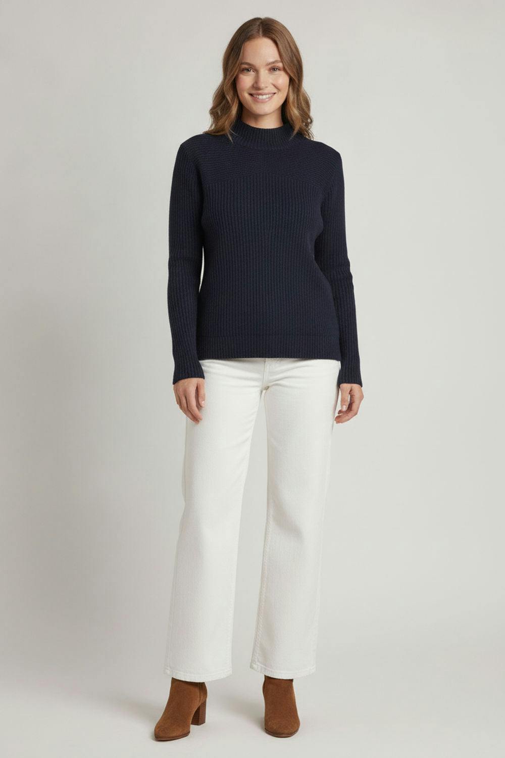 Izabel London Blue Striped Texture High Neck Slim Knit Top - 14 - Navy