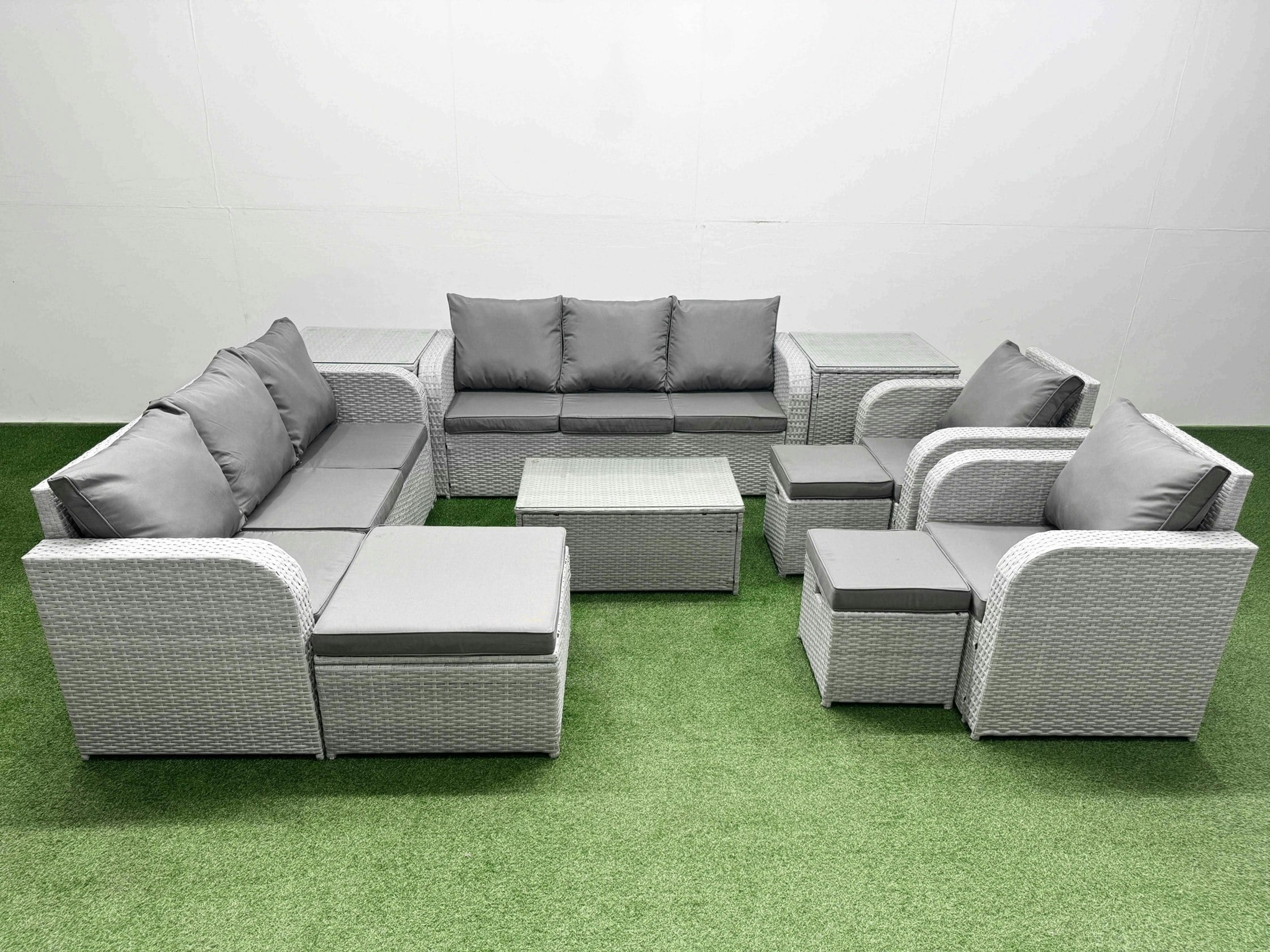 Rackhams Light/Grey Pe Rattan High Back Lounge Sofa Set Patio Coffee Table & Chairs Set With 3 Seater Sofa Reclining Chair 3 Stools 2 Side Table