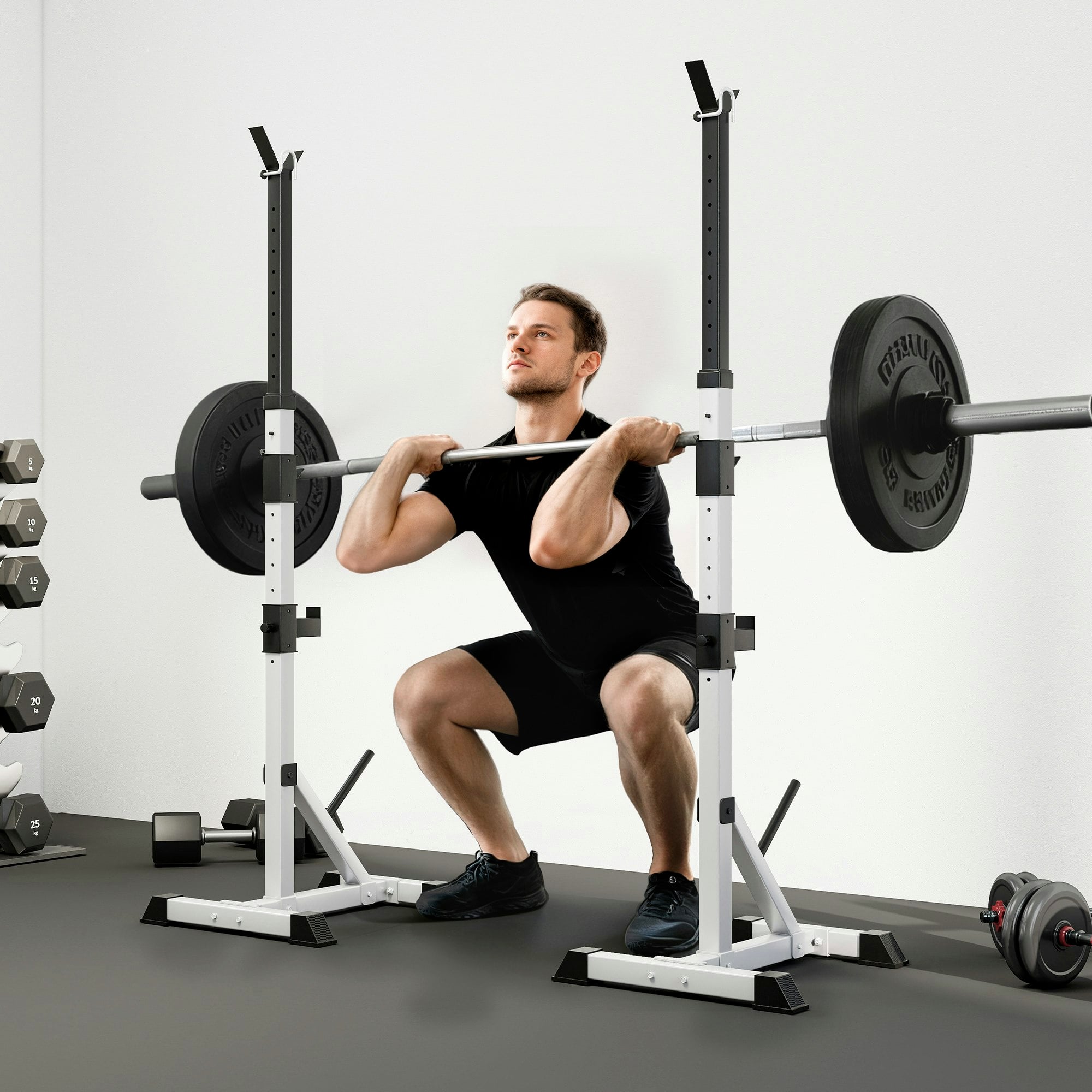 Homcom Adjust Pair Of Barbell Squat Racks Stand Weight Lifting Bench Press Gym - Image 3