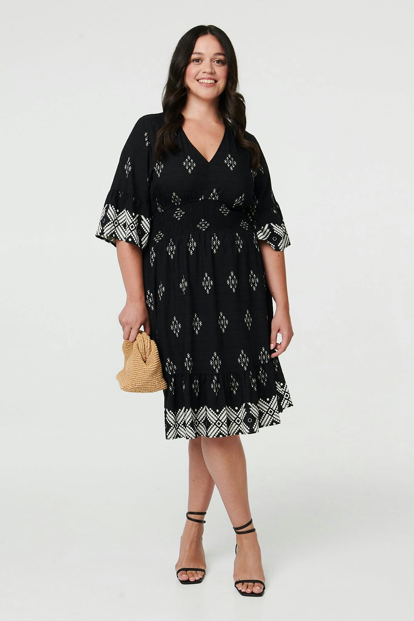 Izabel London Black Curve Border Print Knee Length Dress - 24