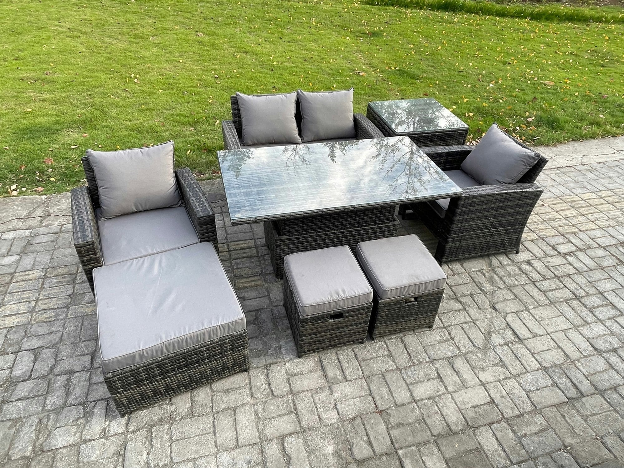 Rackhams Dark/Grey High Back Rattan Garden Furniture Sofa Sets With Height Adjustable Rising Lifting Table Side Table 3 Footstools Mixed