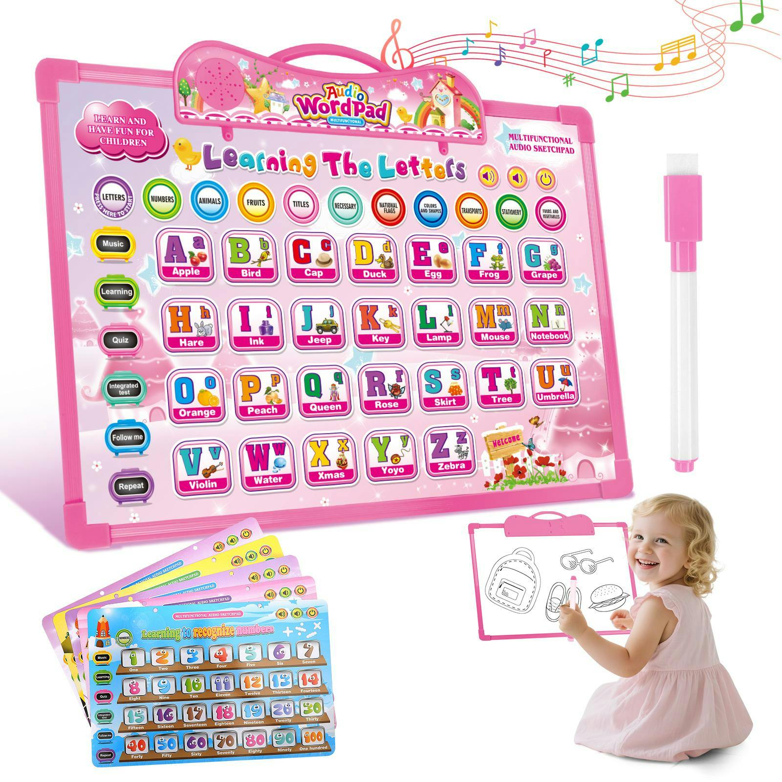 Deao Toys Pink Kids Audio Wordpad Interactive Talking Educational Poster For Toddlers Learn Alphabet, Numbers, Animals, Shapes & More Learning Toy Gift