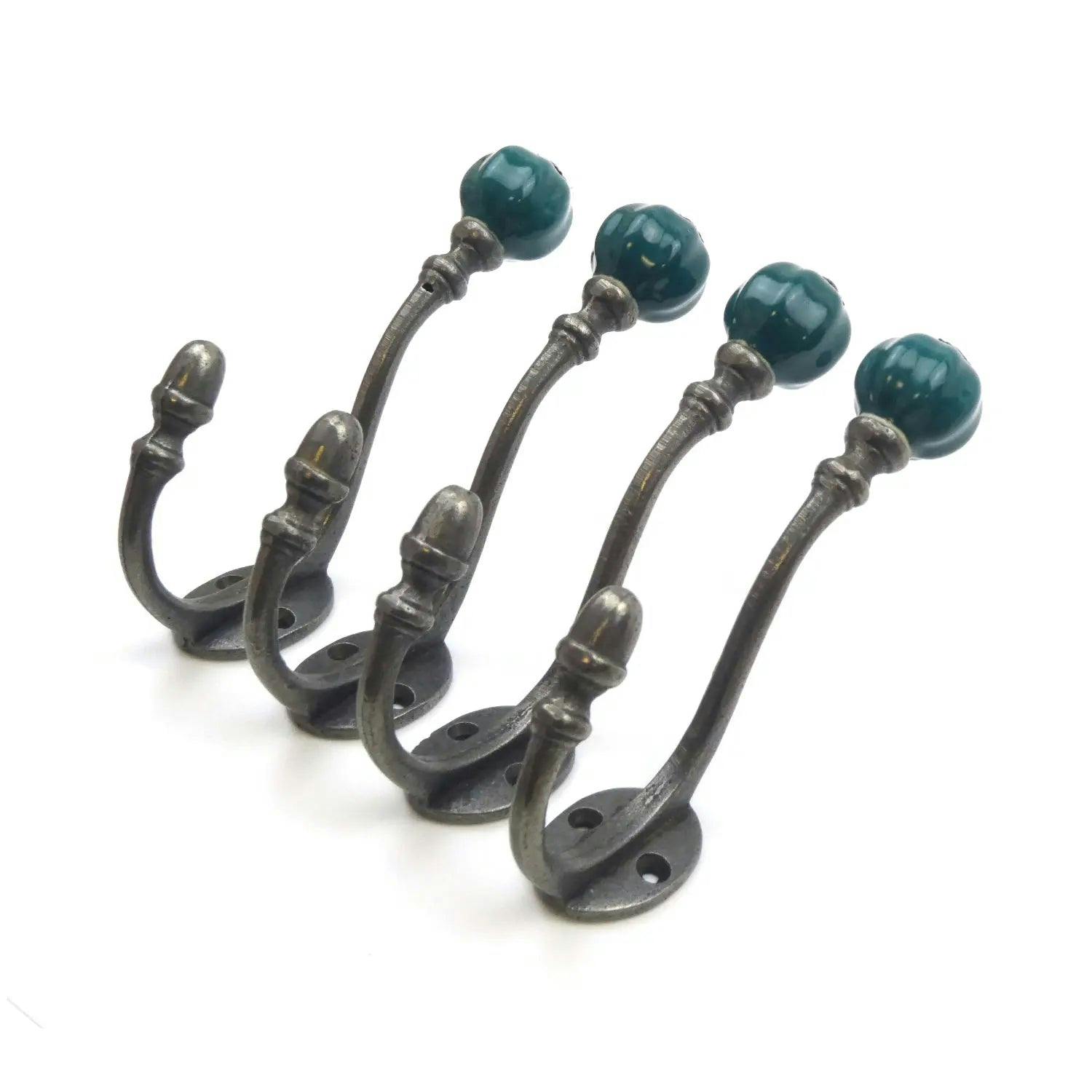 Rackhams Ceramic Tipped Shabby Chic Cast Iron Coat Hook 150Mm - Pack Of 4 Hooks - Teal - Image 2