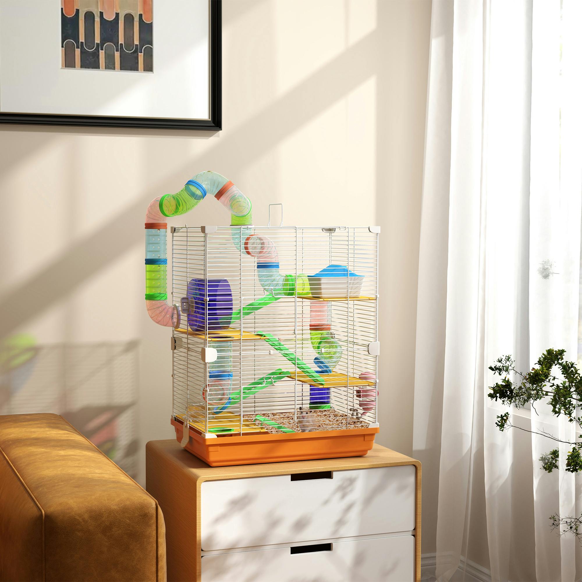 PawHut 5 Tier Hamster Cage Habitat - Orange - Includes Exercise Wheel, Tunnel, Platforms, Food Dish & Water Bottle - Image 2