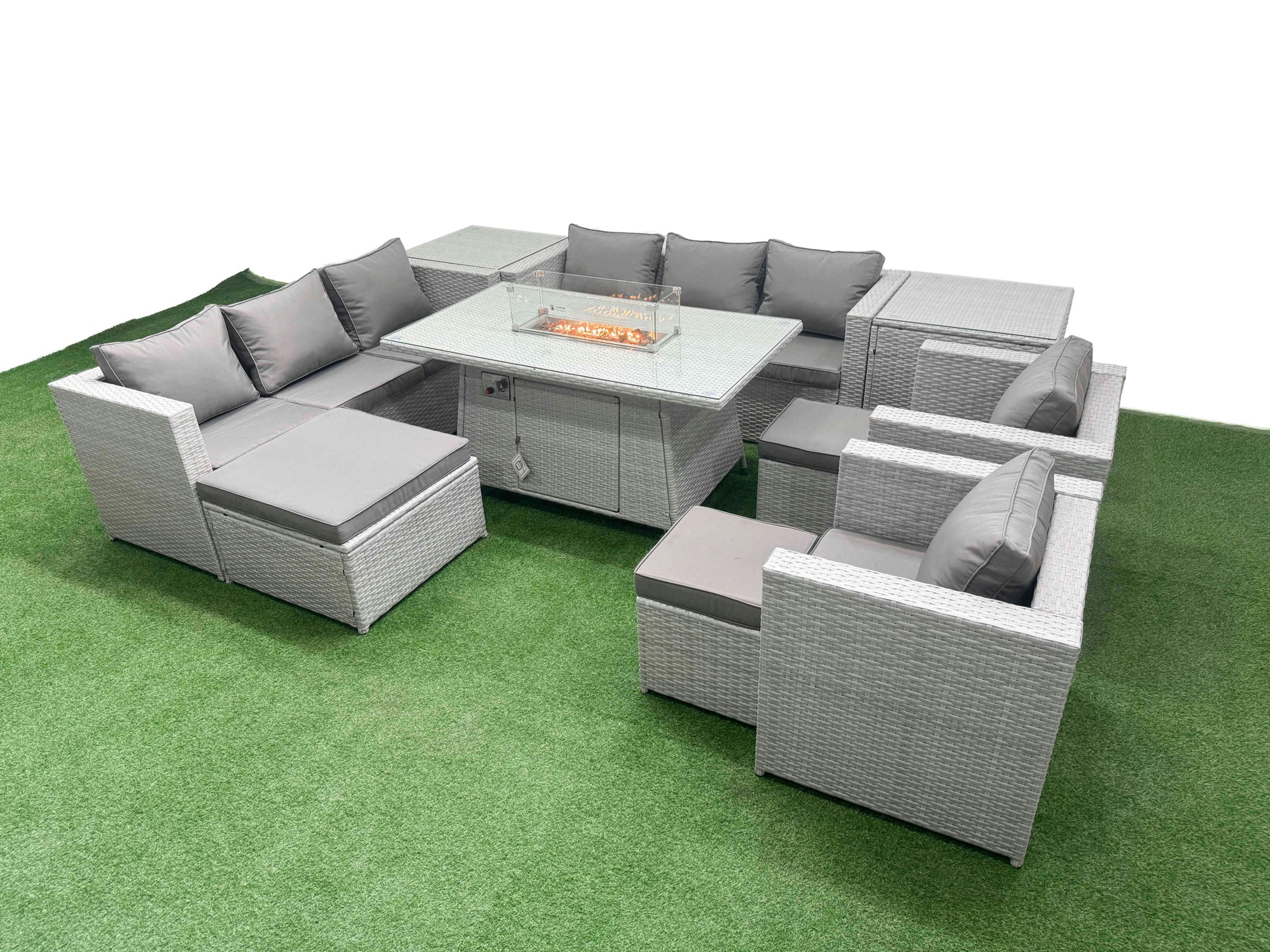 Rackhams Light/Grey 11 Seat Pe Rattan Lounge Sofa Set Outdoor Garden Furniture Set With Fire Pit Dining Table 3 Seater Sofa 3 Footstools 2 Side Table