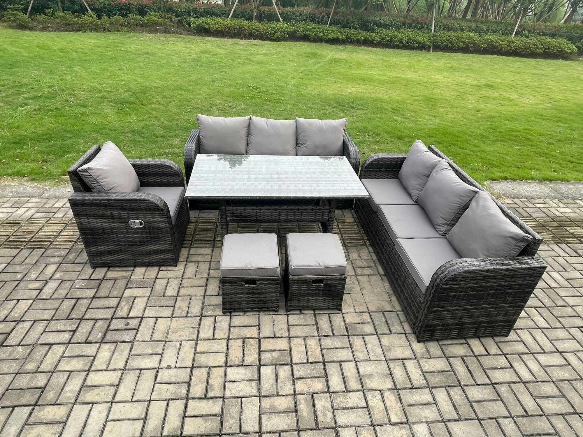Rackhams Dark/Grey 9 Seater Mixed Rattan Outdoor Dining Set - Oblong/Rectangular Table & Adjustable Chair & 2 Footstools