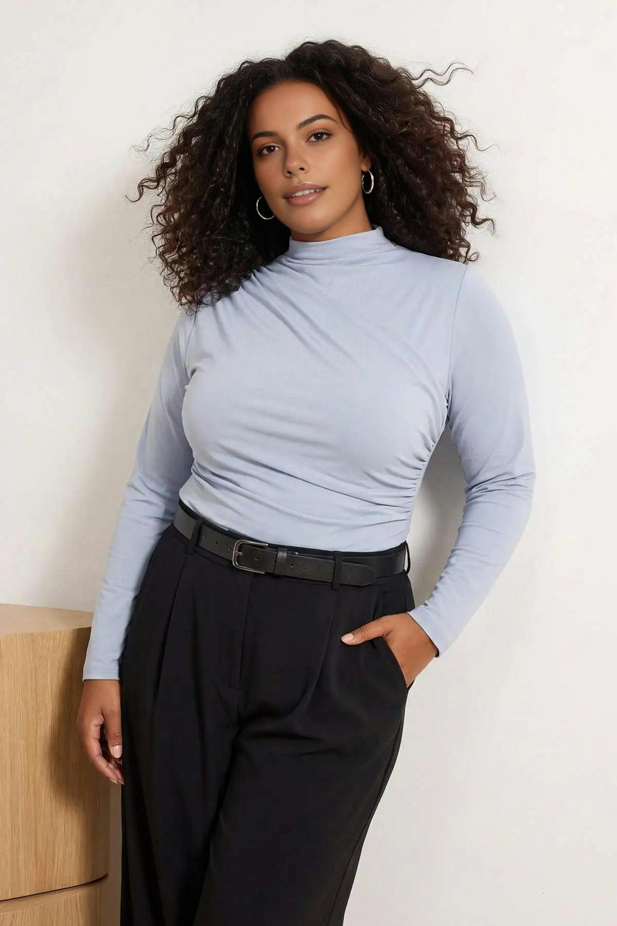 Wovcor Blue Gathered Detail Long Sleeve Knitted Plus Size Blouse - Pale - Xl