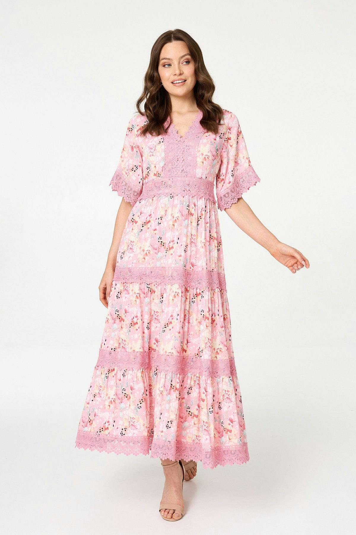 Izabel London Pink Floral Lace Detail Maxi Dress - 10