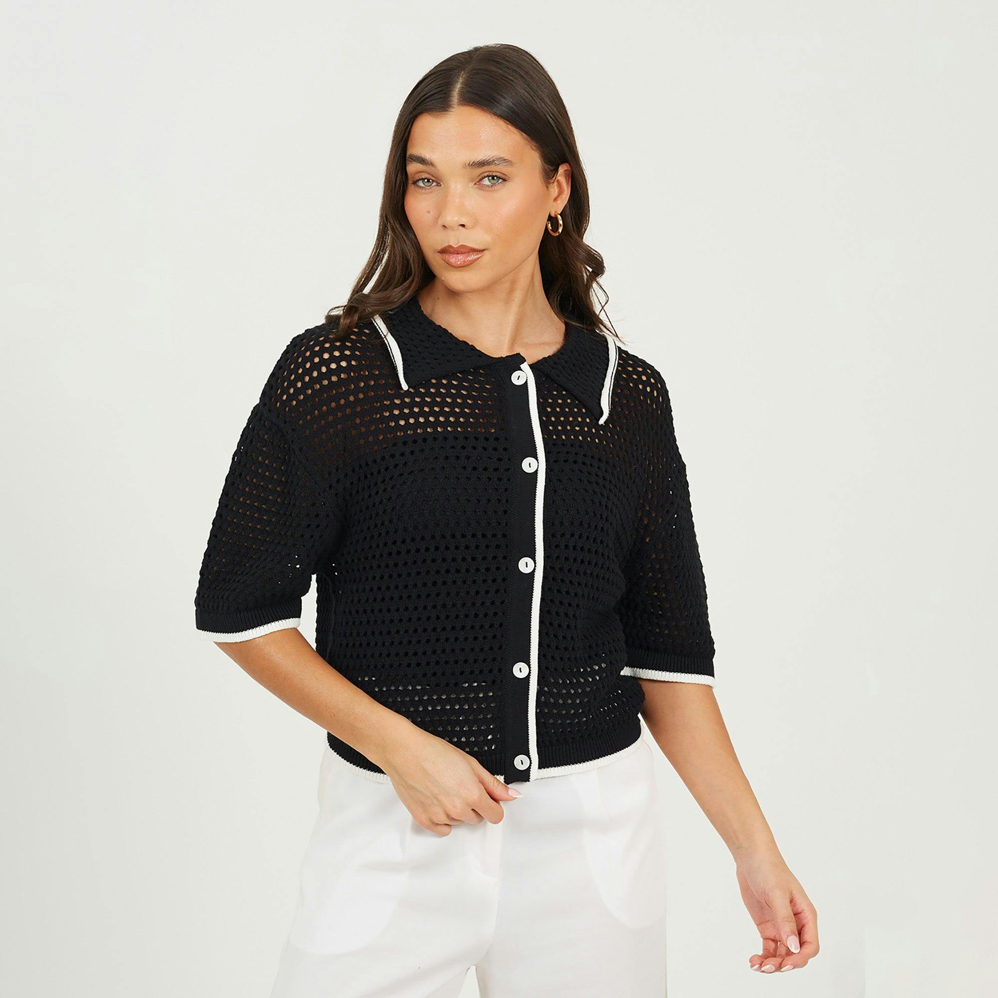 Brave Soul Women's Black Loose Knit Collared Blouse - Xs