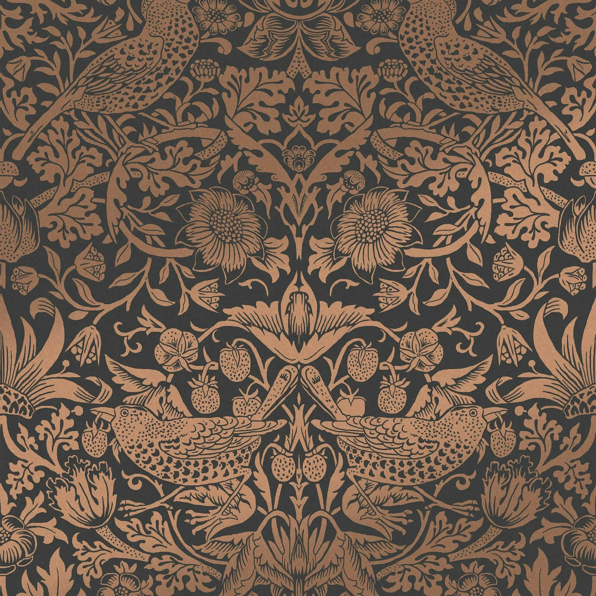 William Morris At Home Strawberry Thief Fibrous Wallpaper | Charcoal