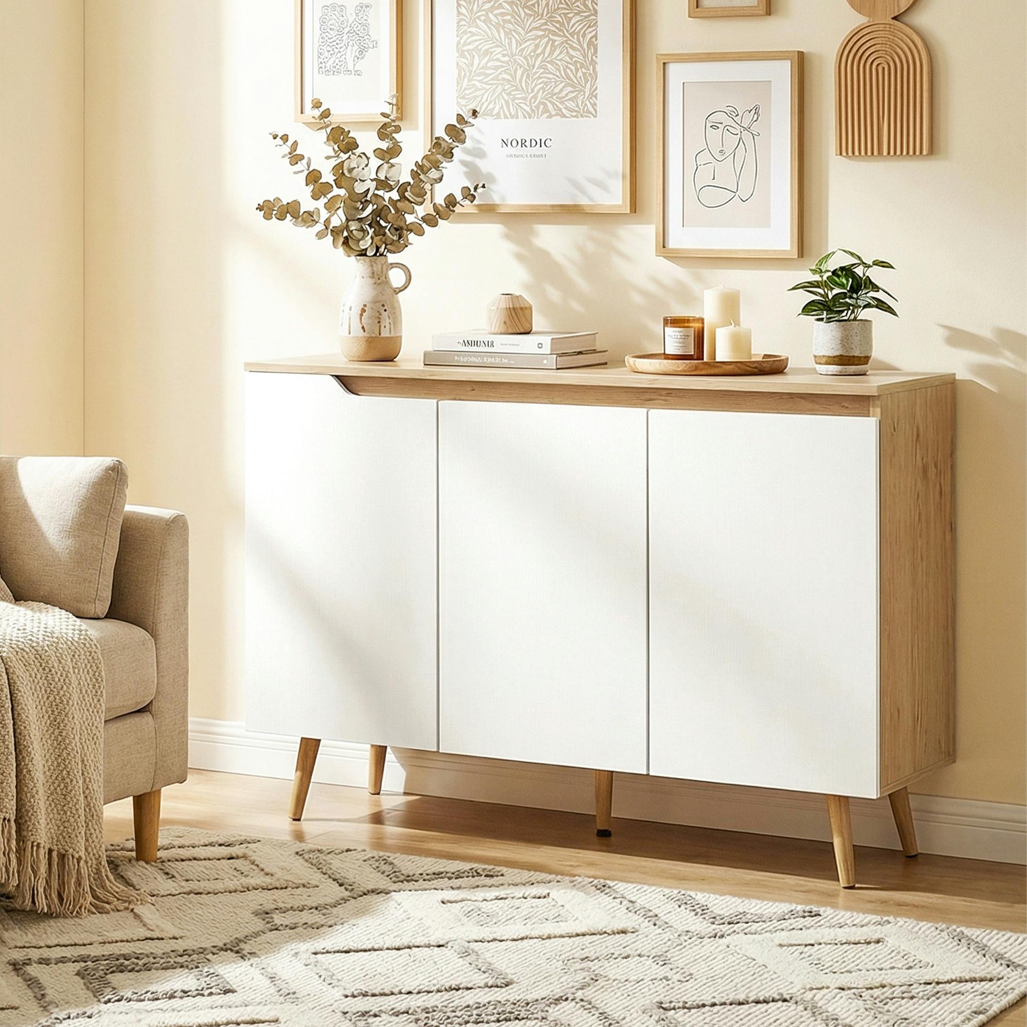 Rackhams White Sideboard Storage Cabinet With 5 Rubberwood Legs, And Oak - Oak And - Sideboard - Oak And