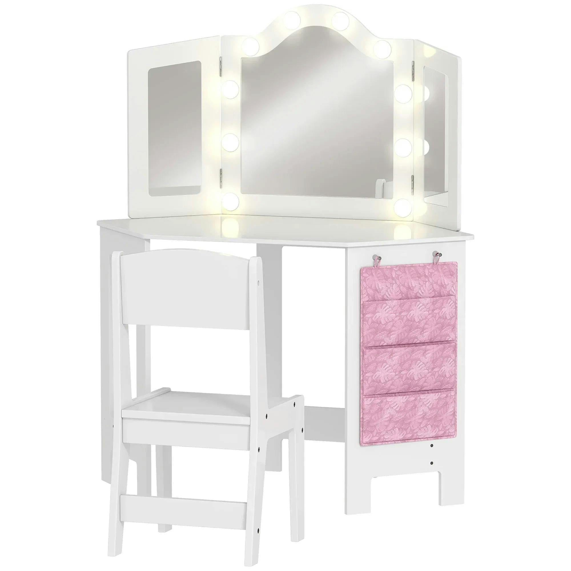 Kids Dressing Table and Stool Set Girls Vanity with 2-Colour LED Lights White - Image 5