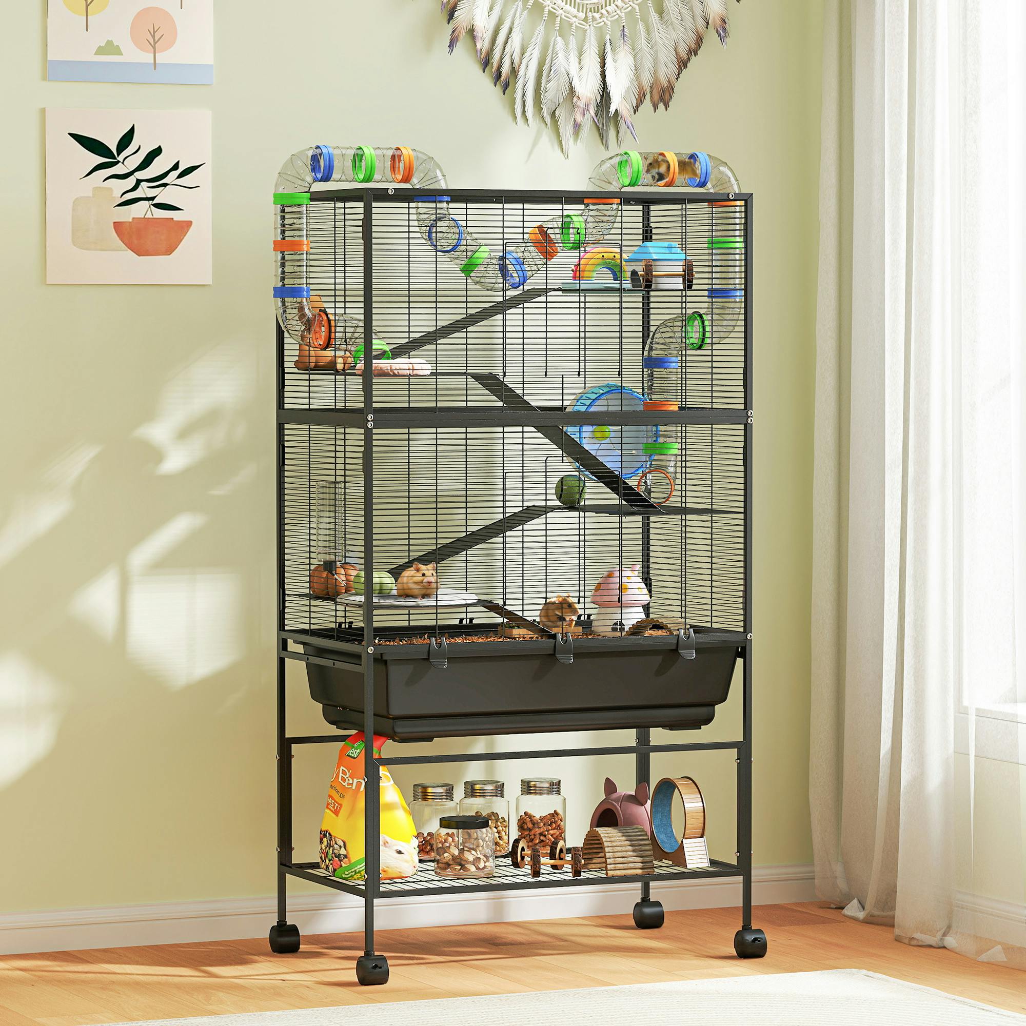 Pawhut Hamster Cage, 3 Tier Gerbil Cage On Wheels With Storage Shelf