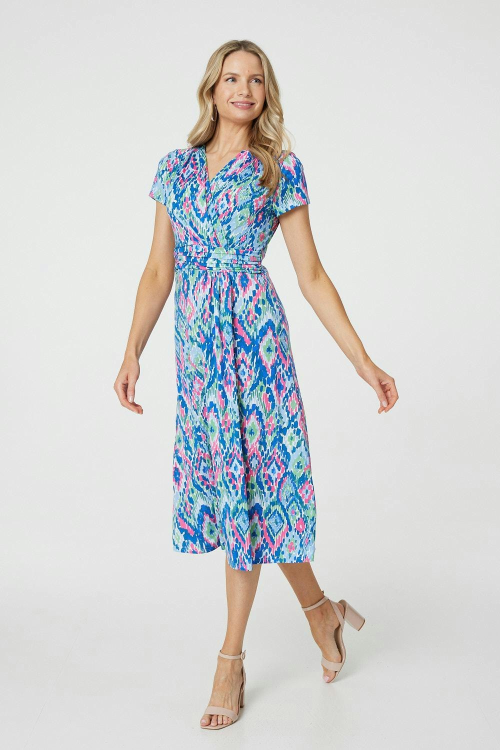 Izabel London Printed Ruched Faux-Wrap Midi Dress - 14