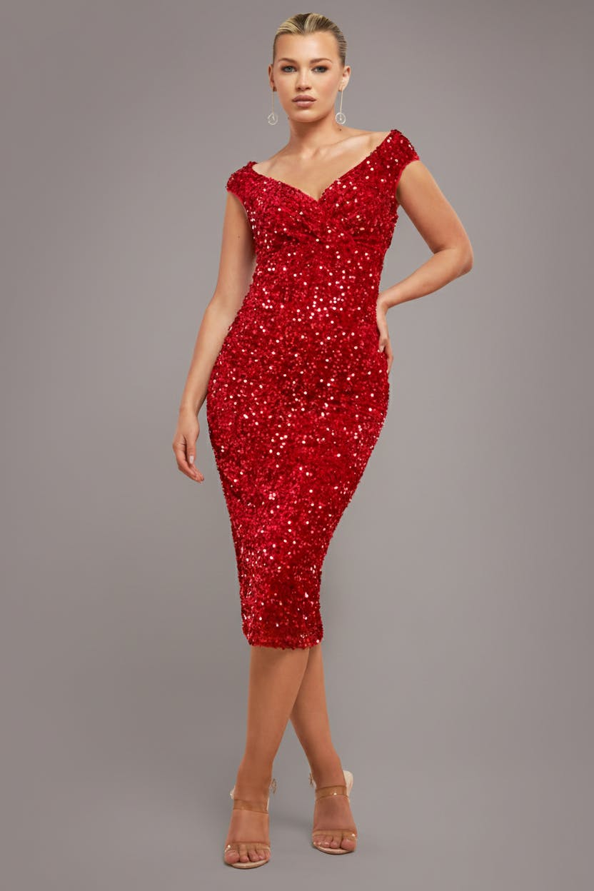 Goddiva Red Multi Sequin & Velvet Bardot Midi Dress - By - 18