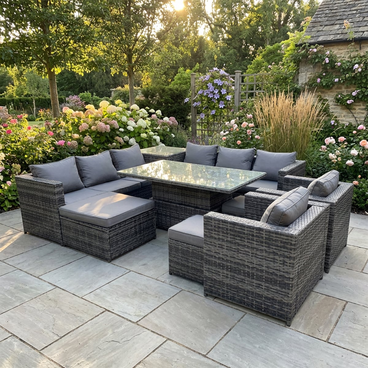 Fimous Dark/Grey 11 Seater Rattan Garden Furniture Set With Corner Sofa, Height Adjustable Rising Table, 2 Chairs, Side Table & 3 Footstools