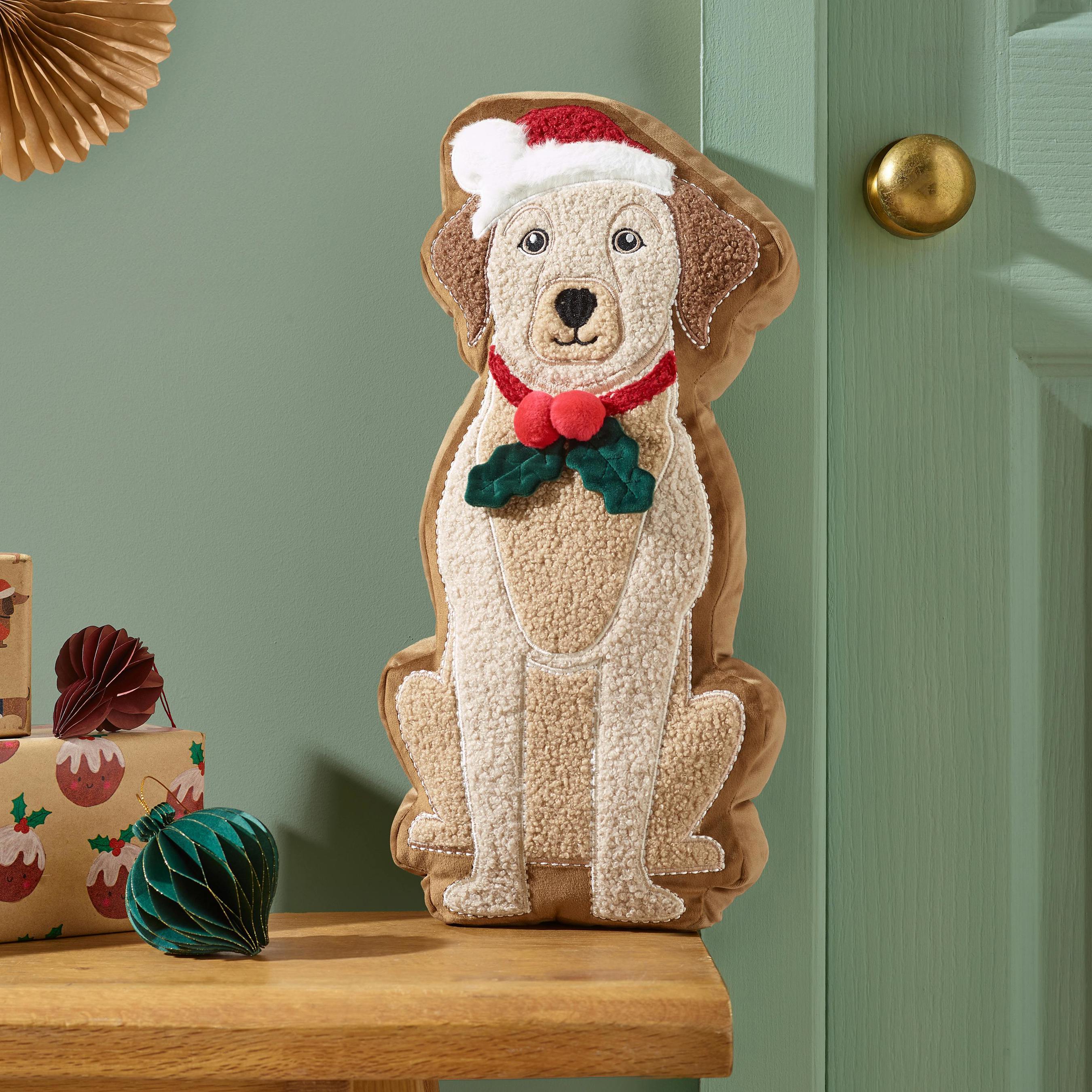 Catherine Lansfield Cream/Red Christmas Dog 3D Shaped Cushion