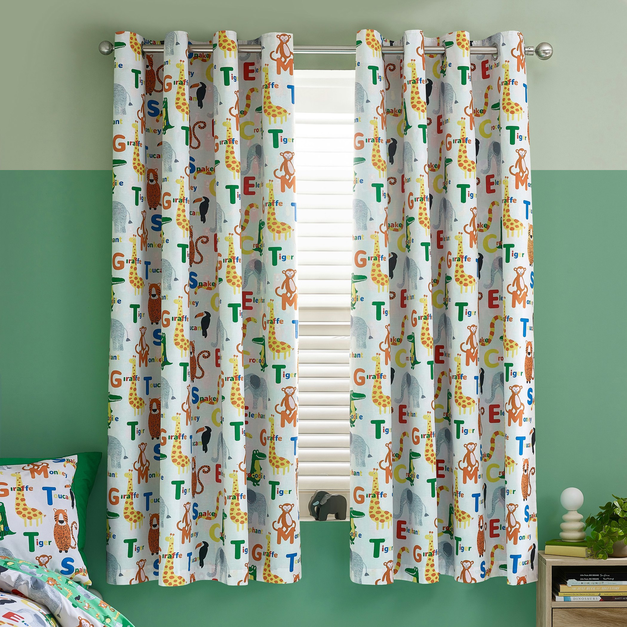 Catherine Lansfield Green Animal Magic Fully Reversible Eyelet Curtains Natural - 66 X 72 Inch - Natural