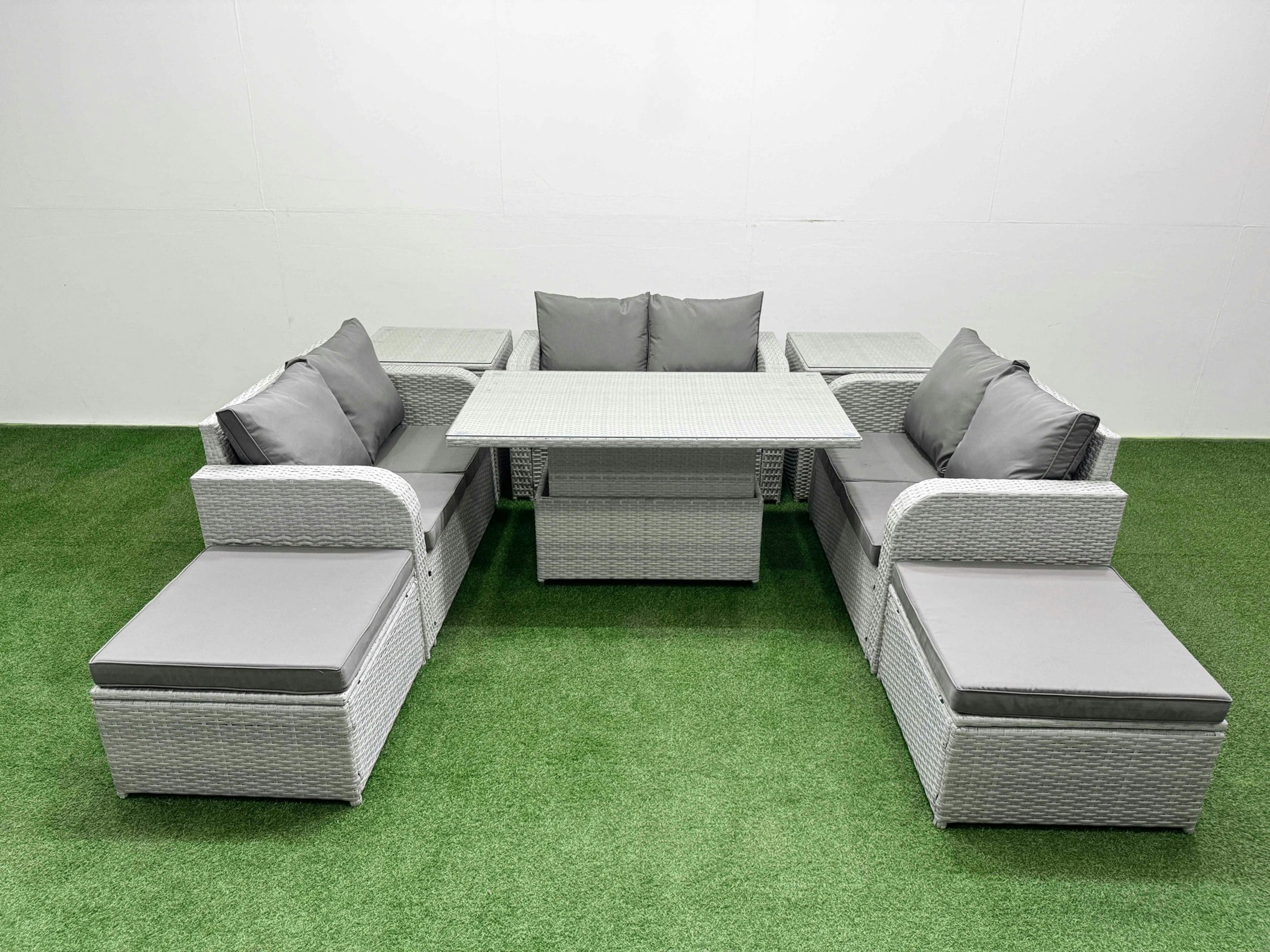 Fimous Light/Grey 8 Seater Rattan Outdoor Sofa Set - Pe Wicker With Adjustable Lifting Dining/Coffee Table, 2 Seater Love Sofa & 2 Footstools