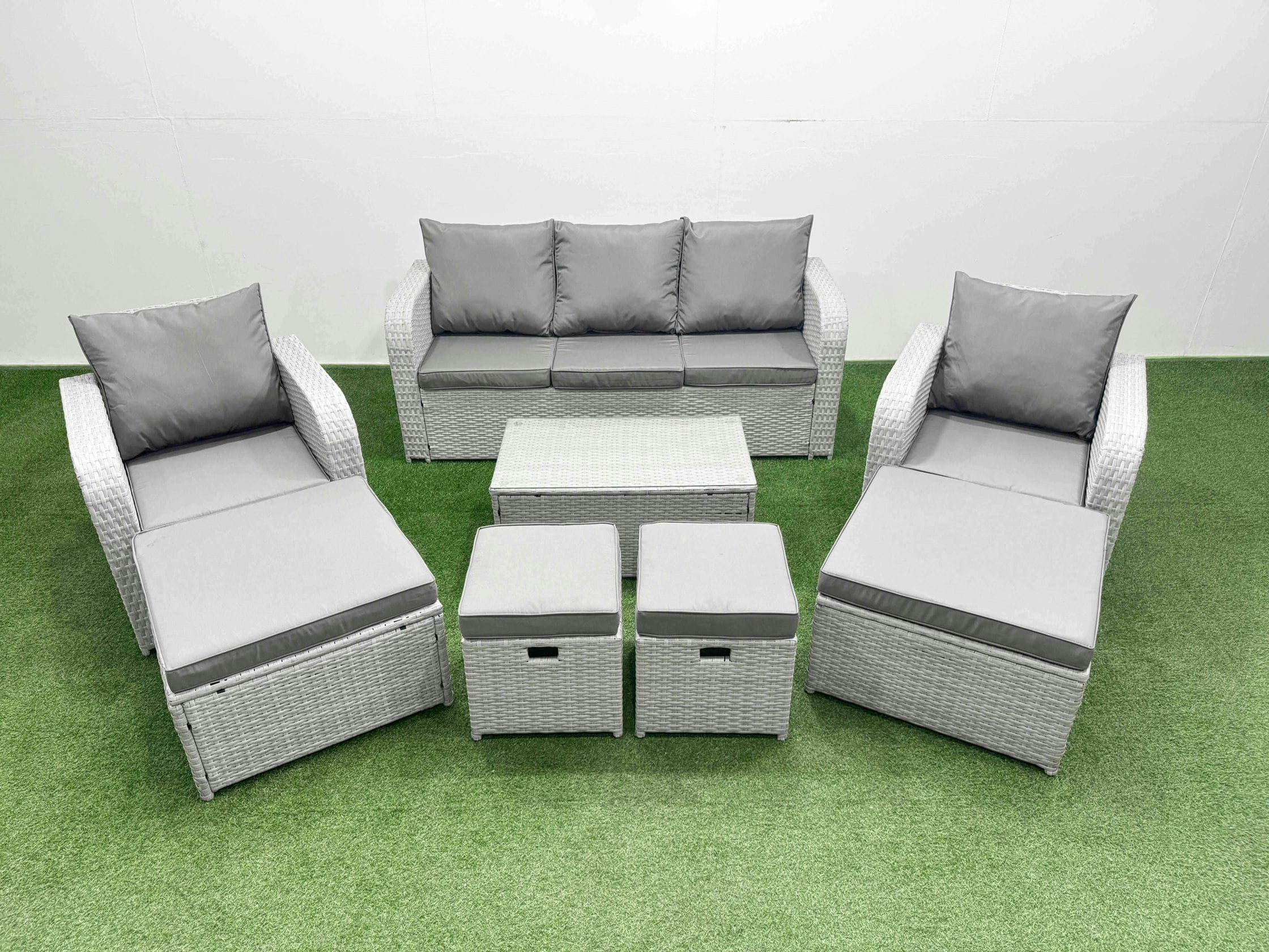 Fimous Light/Grey 8 Pcs Rectangular Coffee Table Set Reclining Chair Inclining Sofa Seat 2 Big Footstool 2 Small Stool