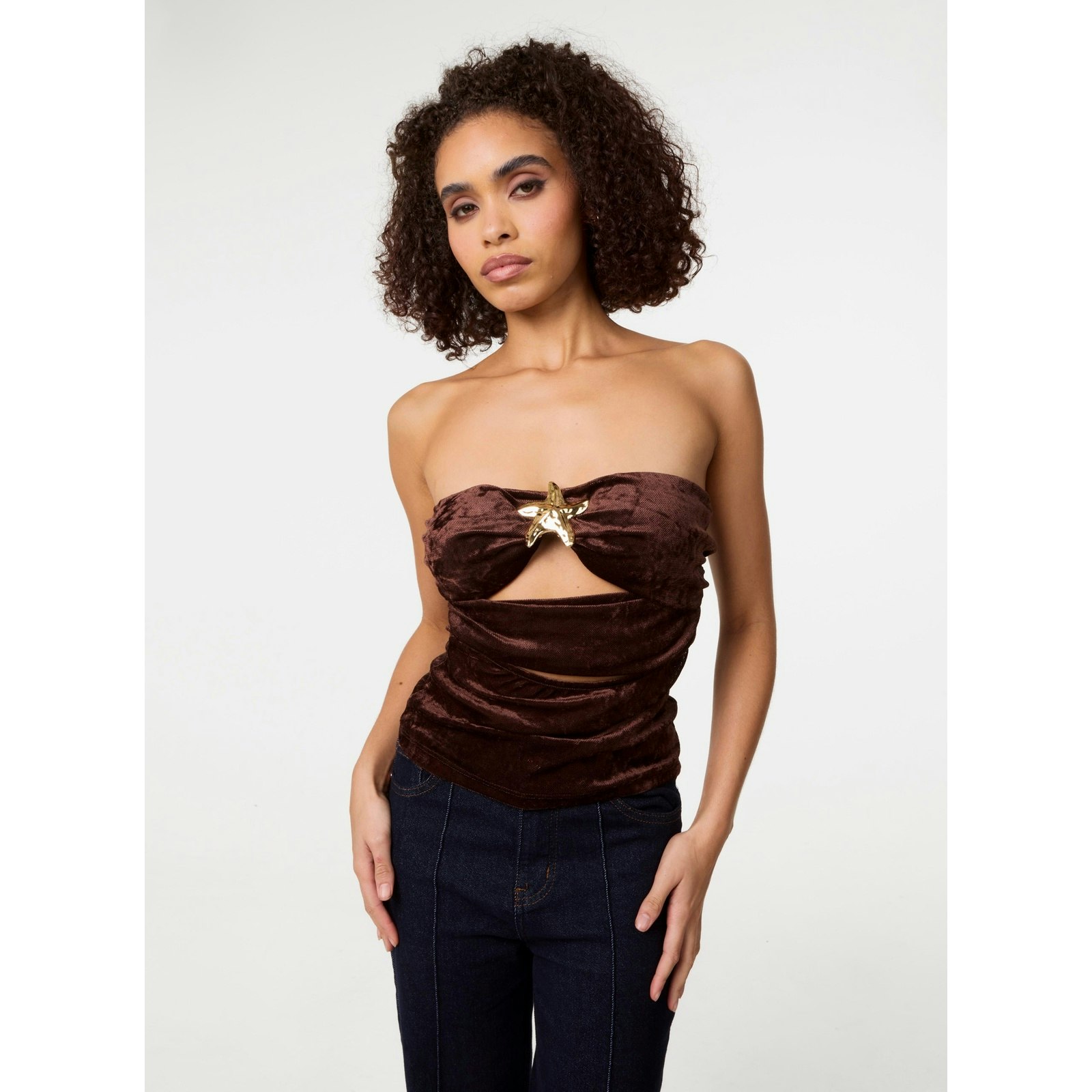 Pink Vanilla Pink/Brown Vanilla Soft Shimmer Velvet Texture Bra Cup Top - M-L