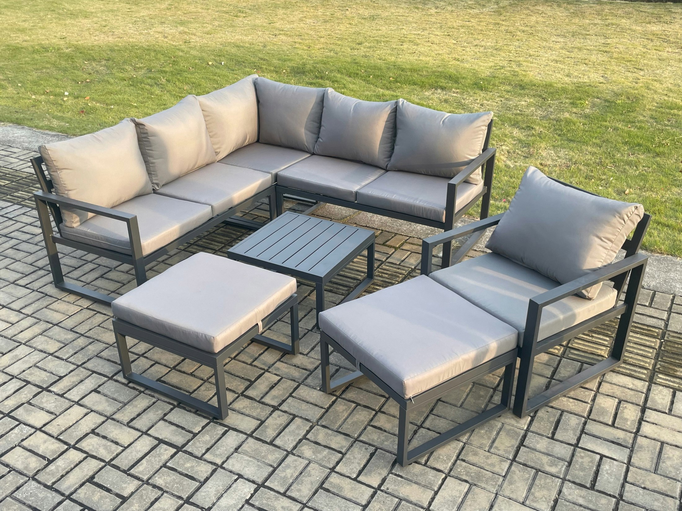 Rackhams Dark/Grey Outdoor Garden Furniture Set Aluminium Lounge Sofa Square Coffee Table Sets With Chair 2 Big Footstools Indoor Conservatory Set