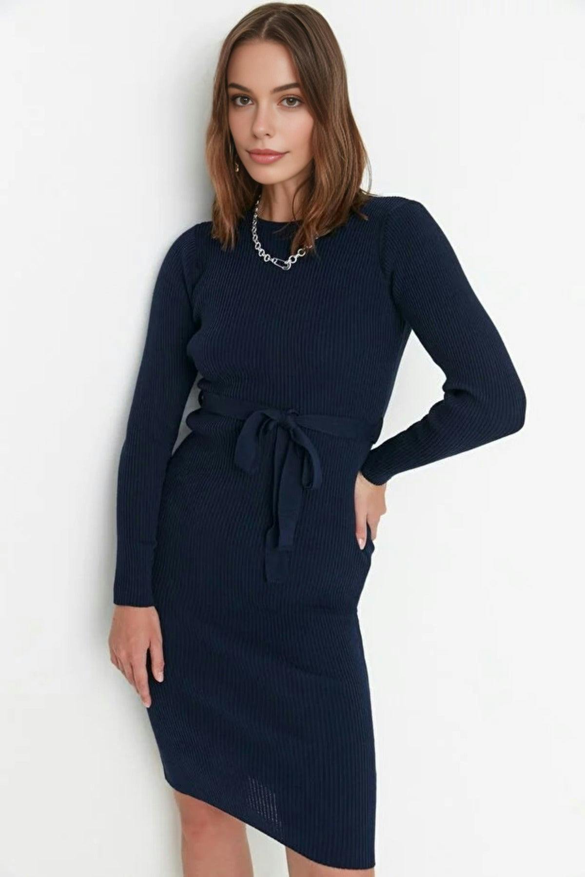 Wovcor Midi Knit Belt Detail Dress - Navy - M