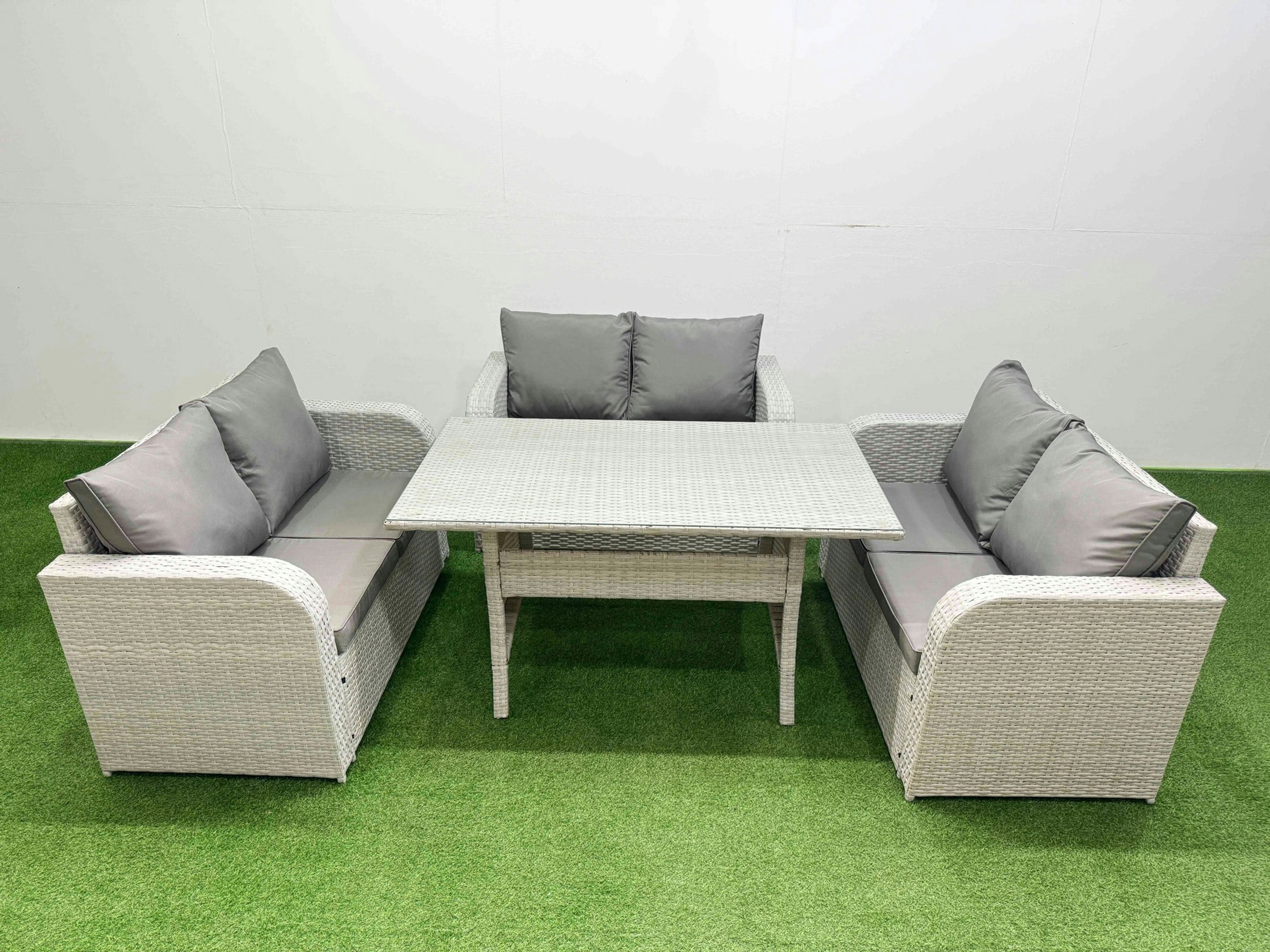 Fimous Light/Grey 6 Seater Pe Wicker Rattan Furniture Sofa Sets With Rectangular Dining Table 2 Seater Love Sofa