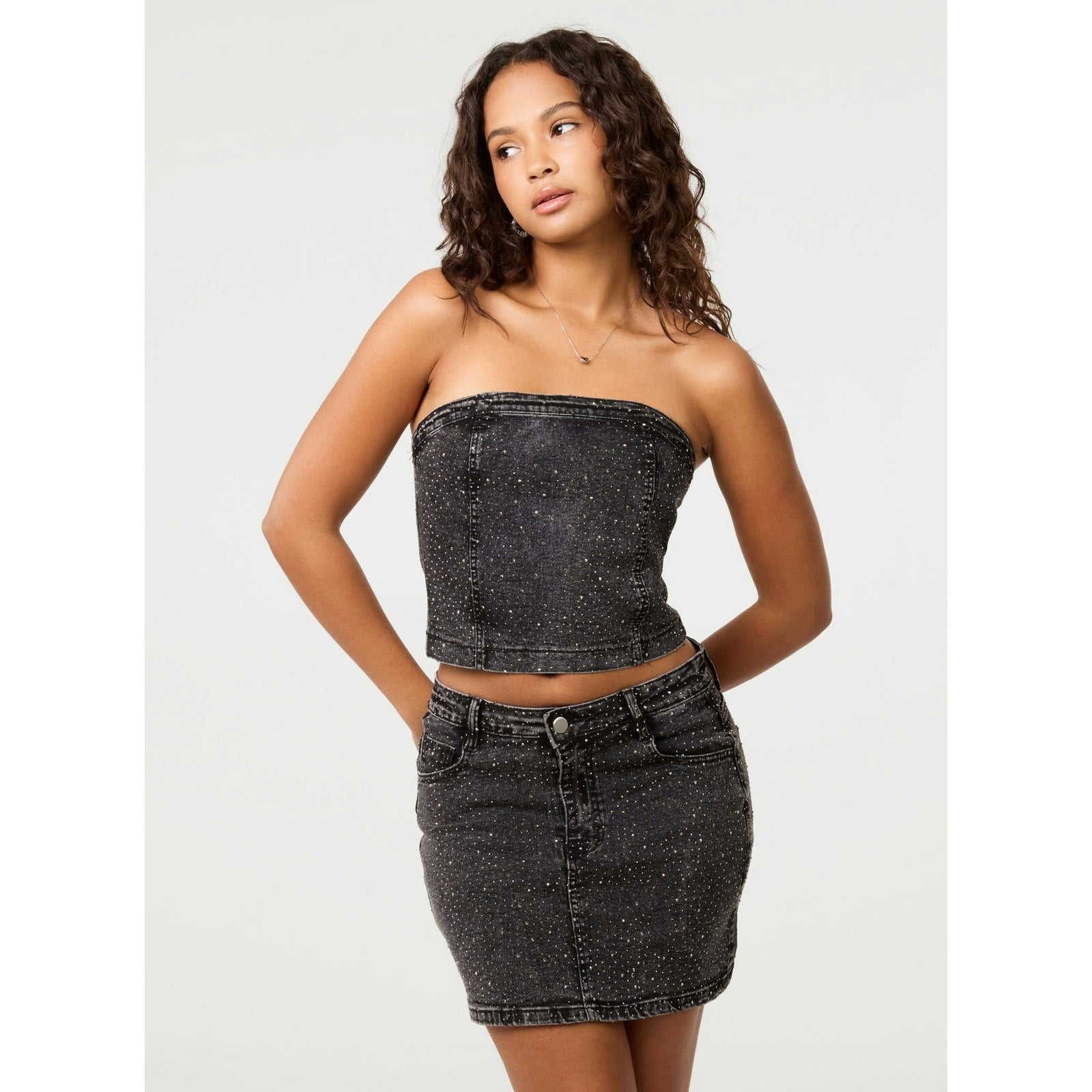 Pink Vanilla Pink/Black Vanilla Diamante Denim Bandeau Top - L