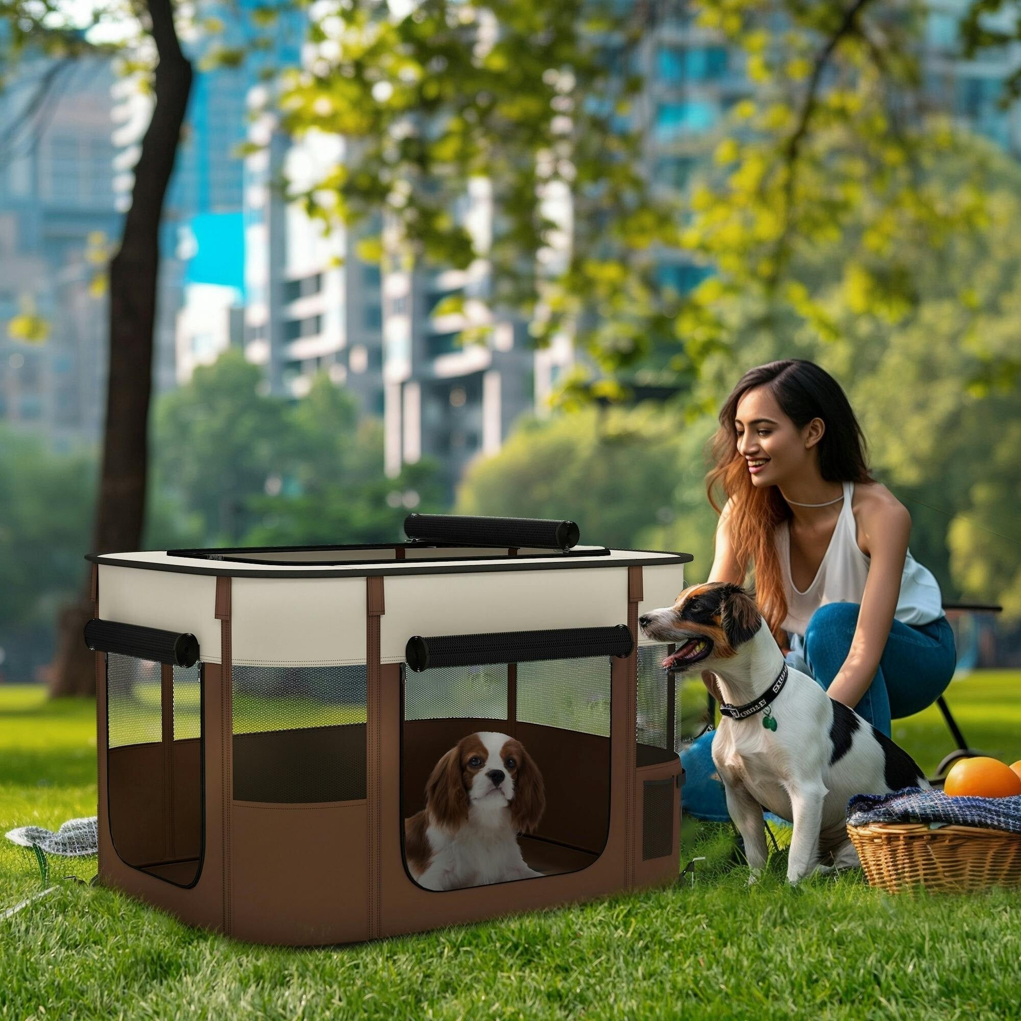 Pawhut Brown Portable Dog Pen For Puppies, Rabbits, Kittens, Guinea Pigs