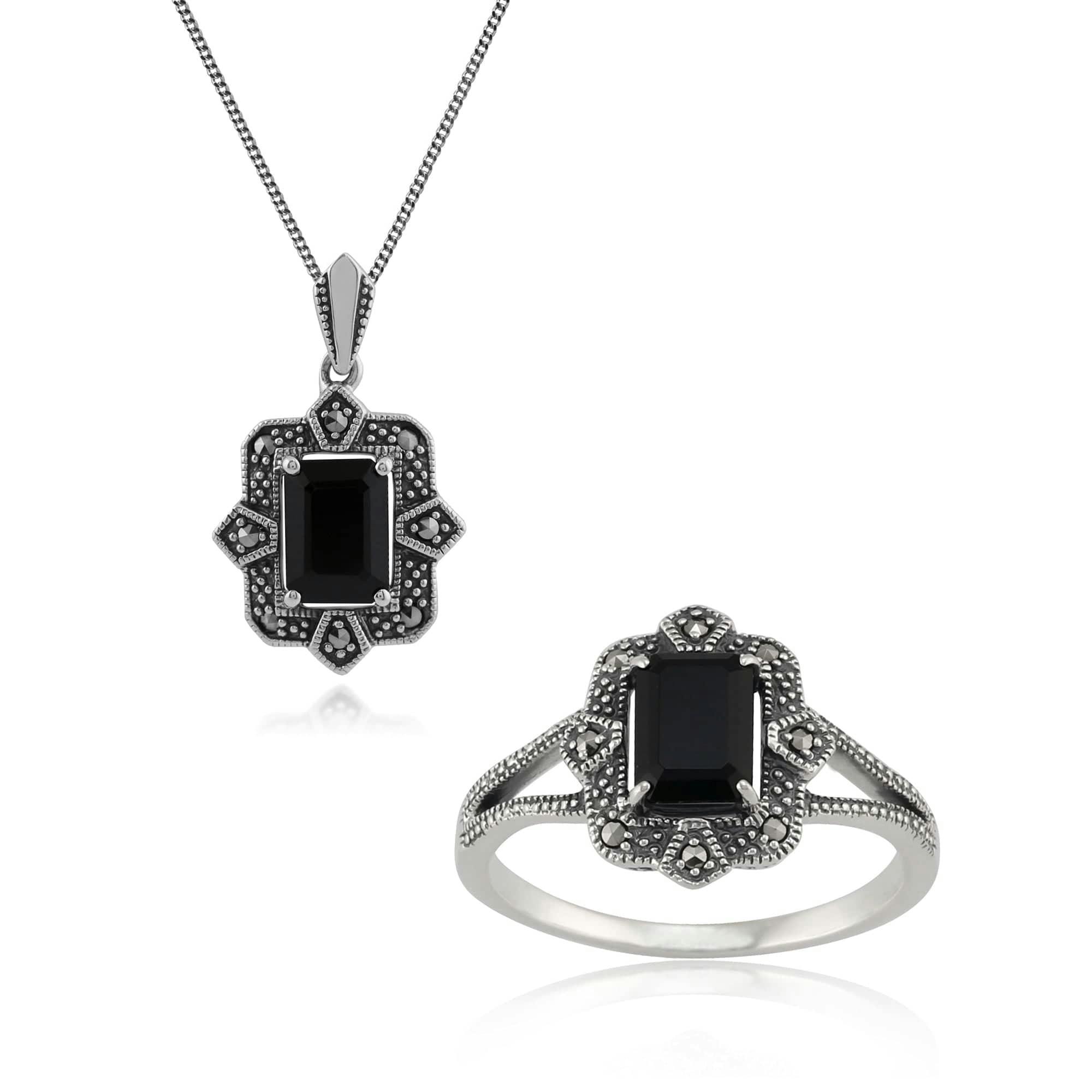 Gemondo Black/Silver Art Deco Style Spinel & Marcasite Drop Pendant Necklace & Ring Set In - K