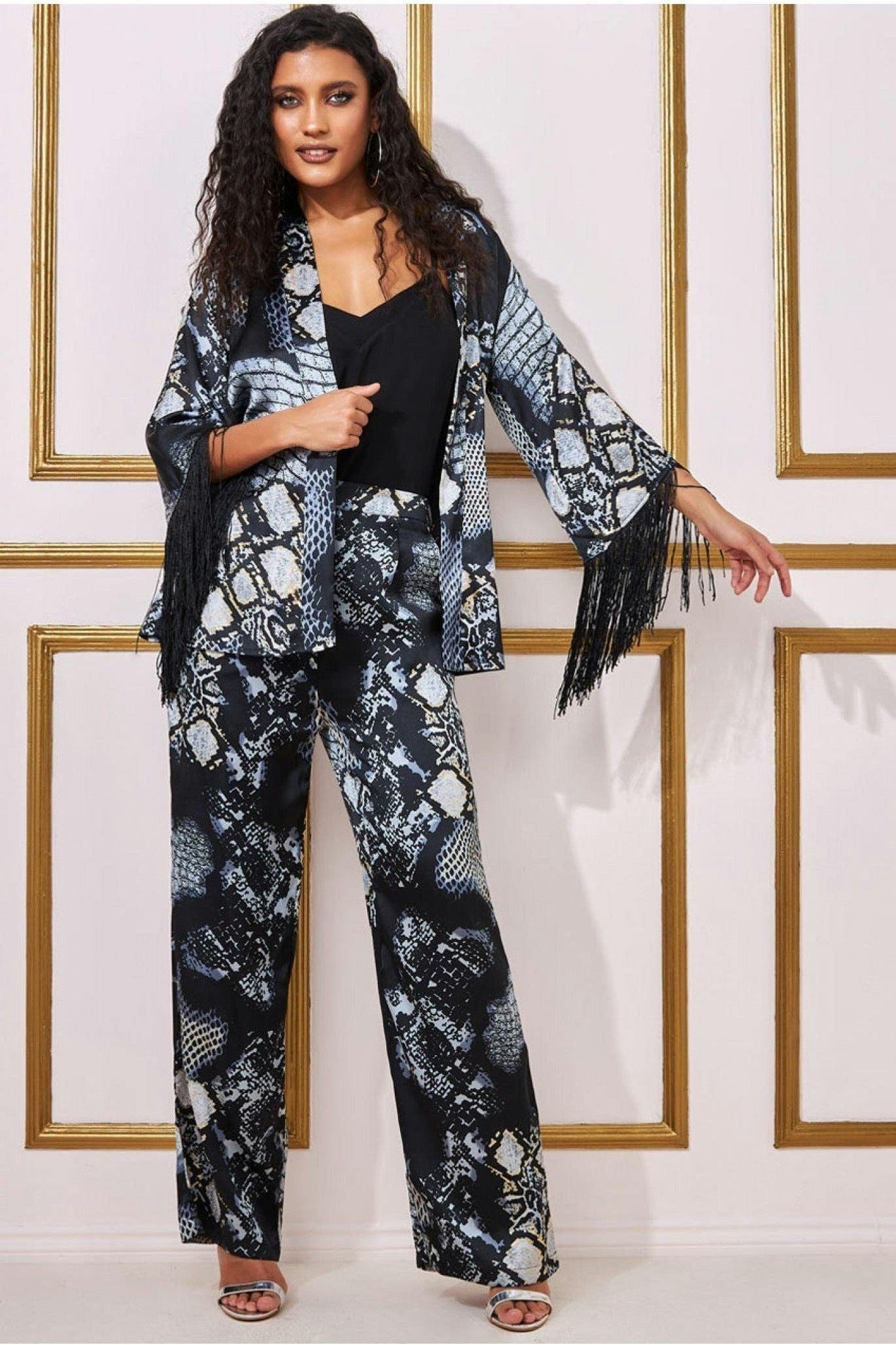 Goddiva Black Foil Print Wide Leg Trousers - By - 10