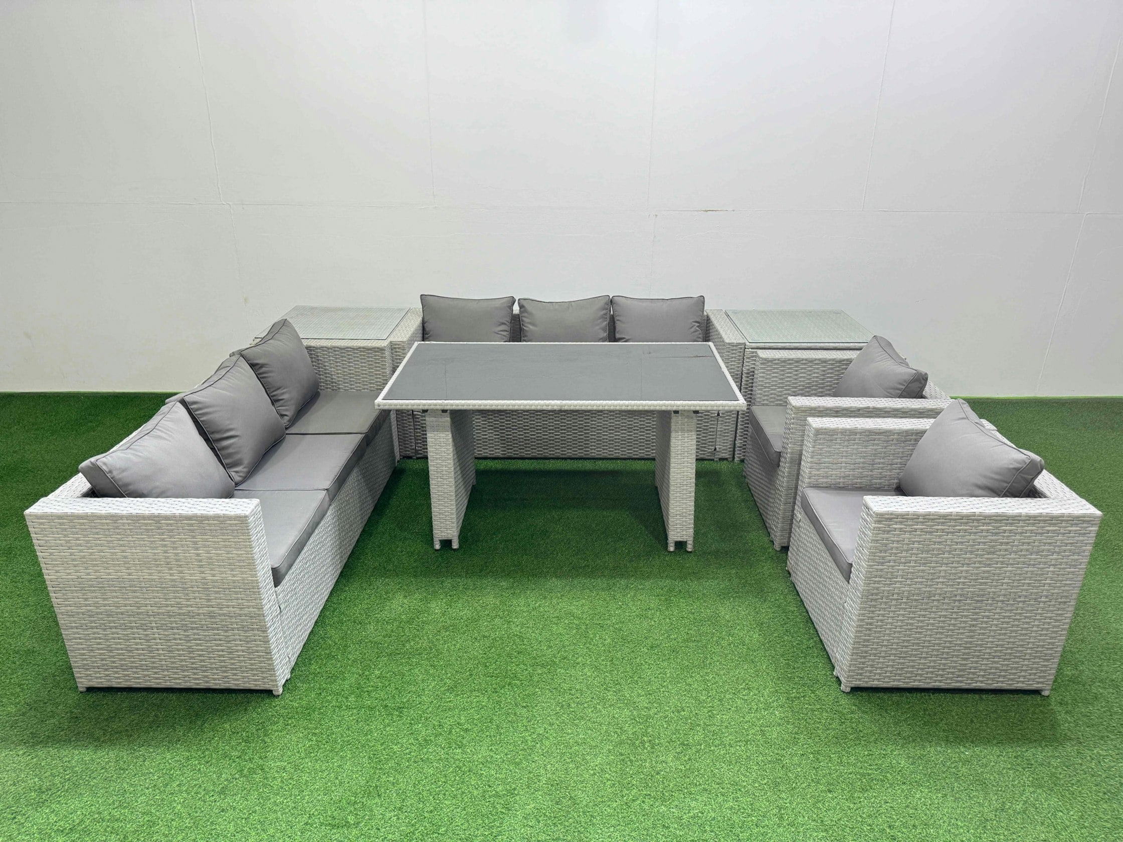 Fimous Light/Grey 8 Seater Wicker Pe Rattan Furniture Outdoor Dining Table 3 Seater Sofa Armchair Set With 2 Side Tables